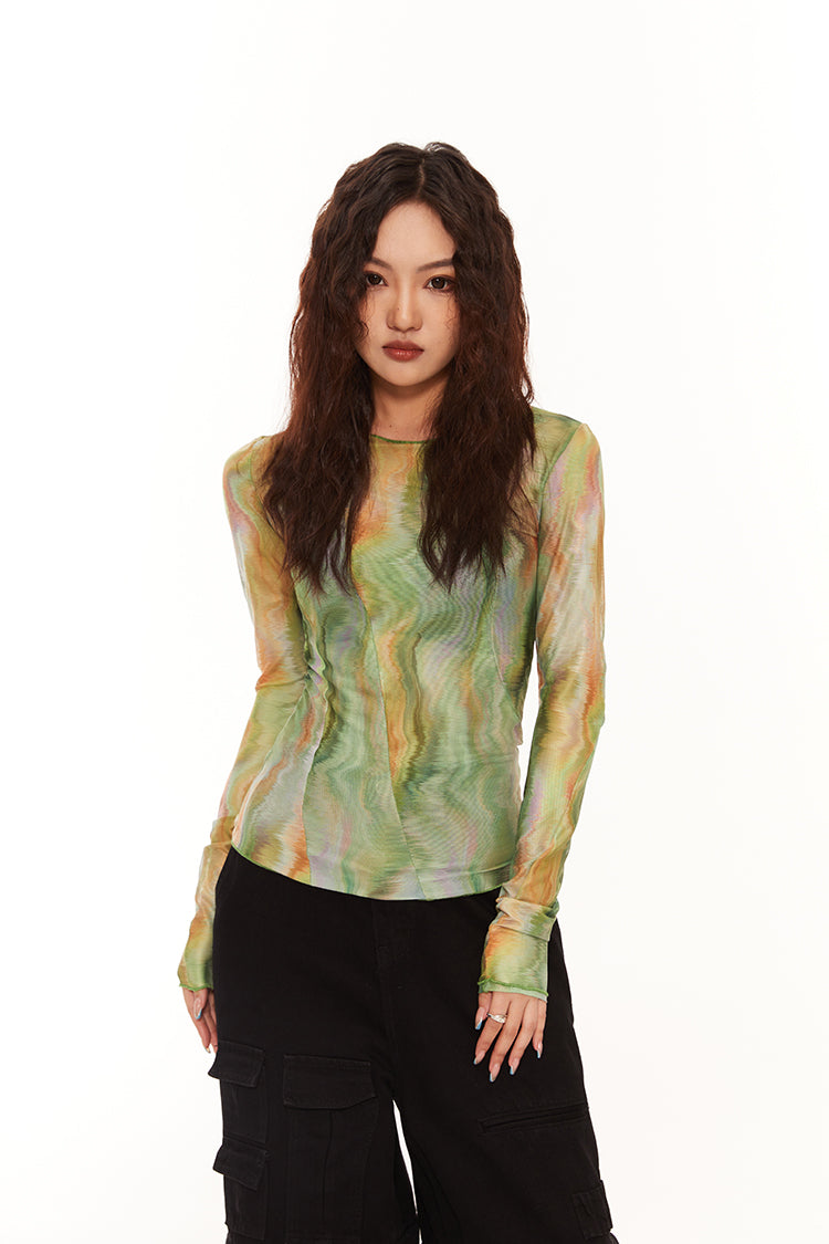 Wavy Mesh Marble Print Top