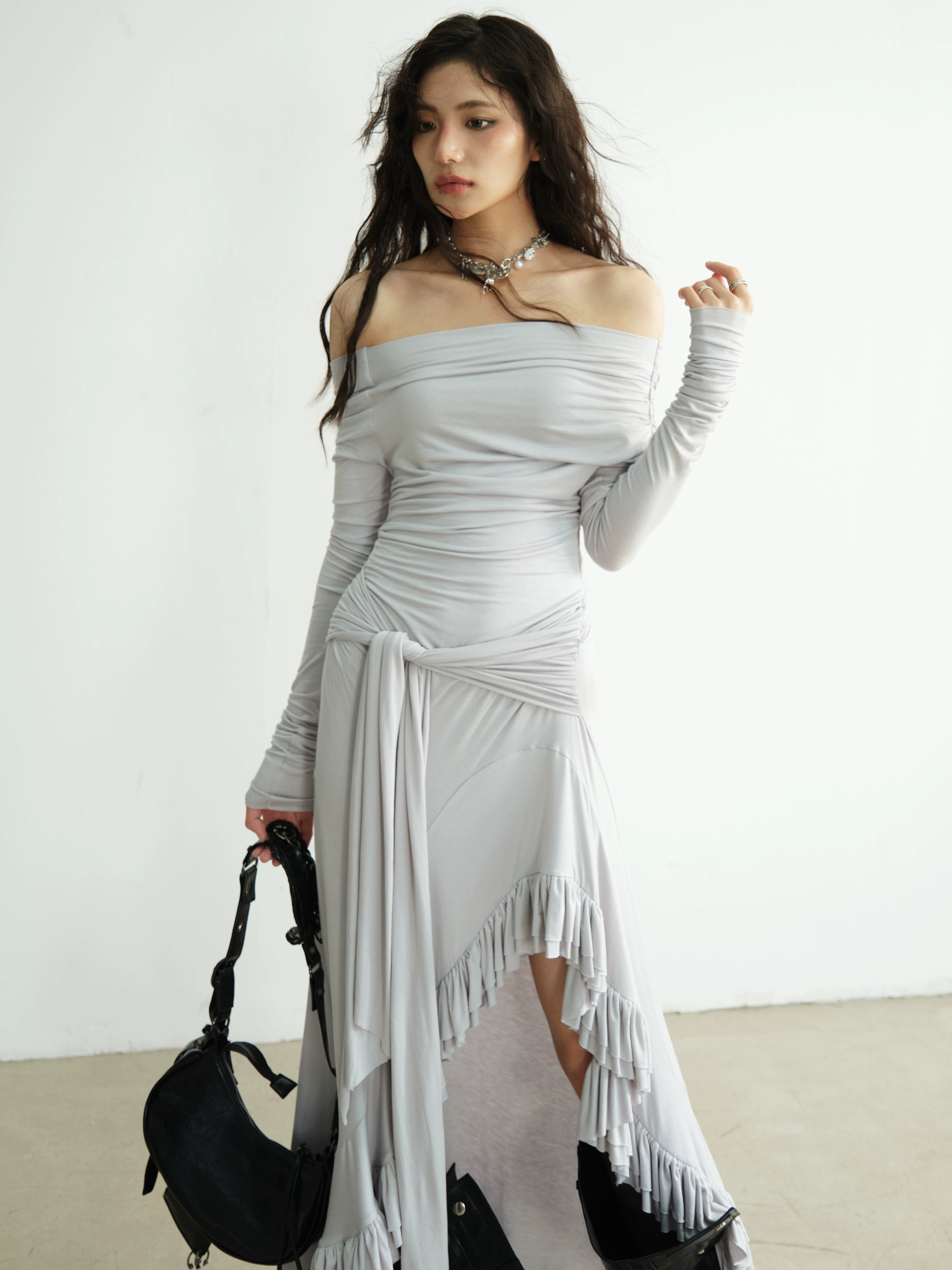 Ruched Off Shoulder Ruffle Maxi Dress