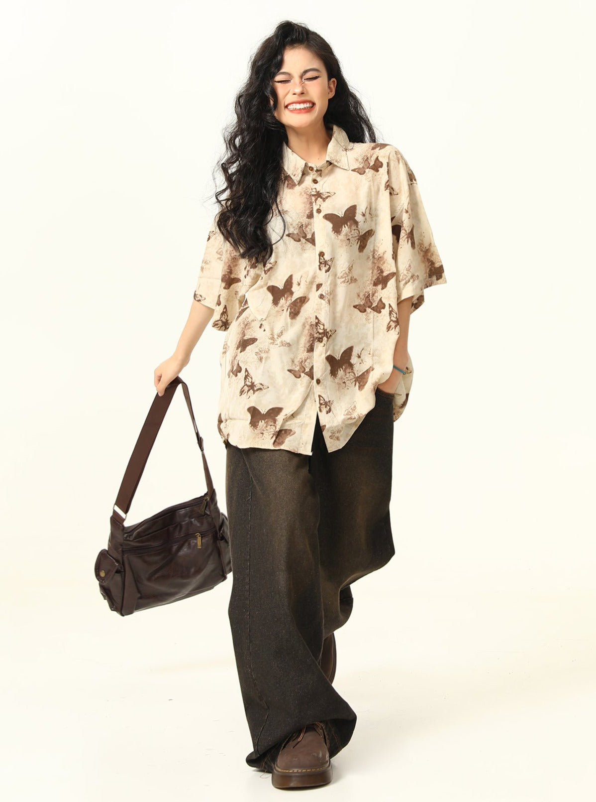 Butterfly Print Pattern Oversized Button-Down Shirt