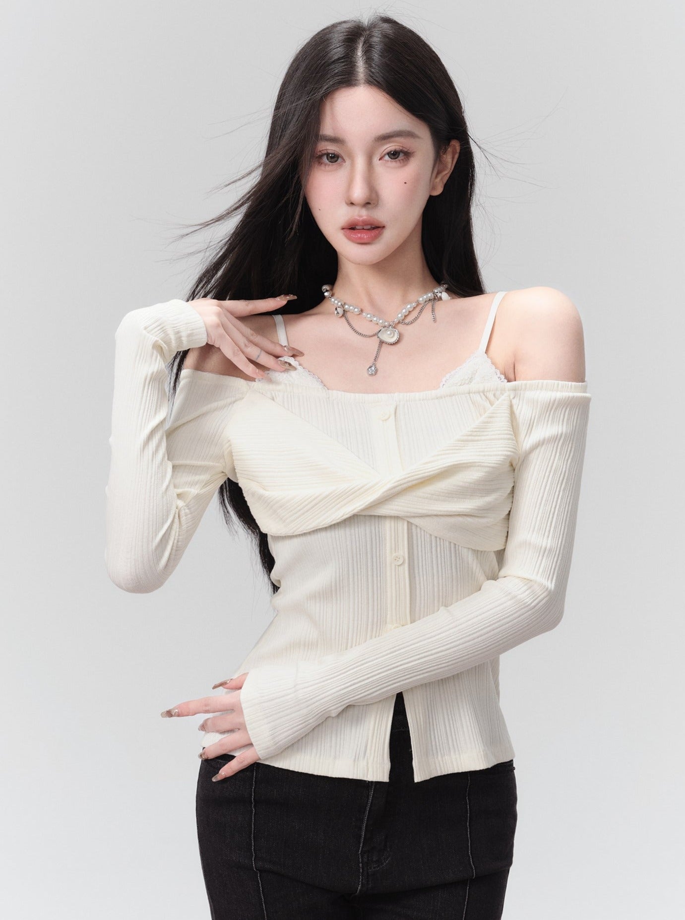 Elegant White Off-Shoulder Twisted Front Long Sleeve Top