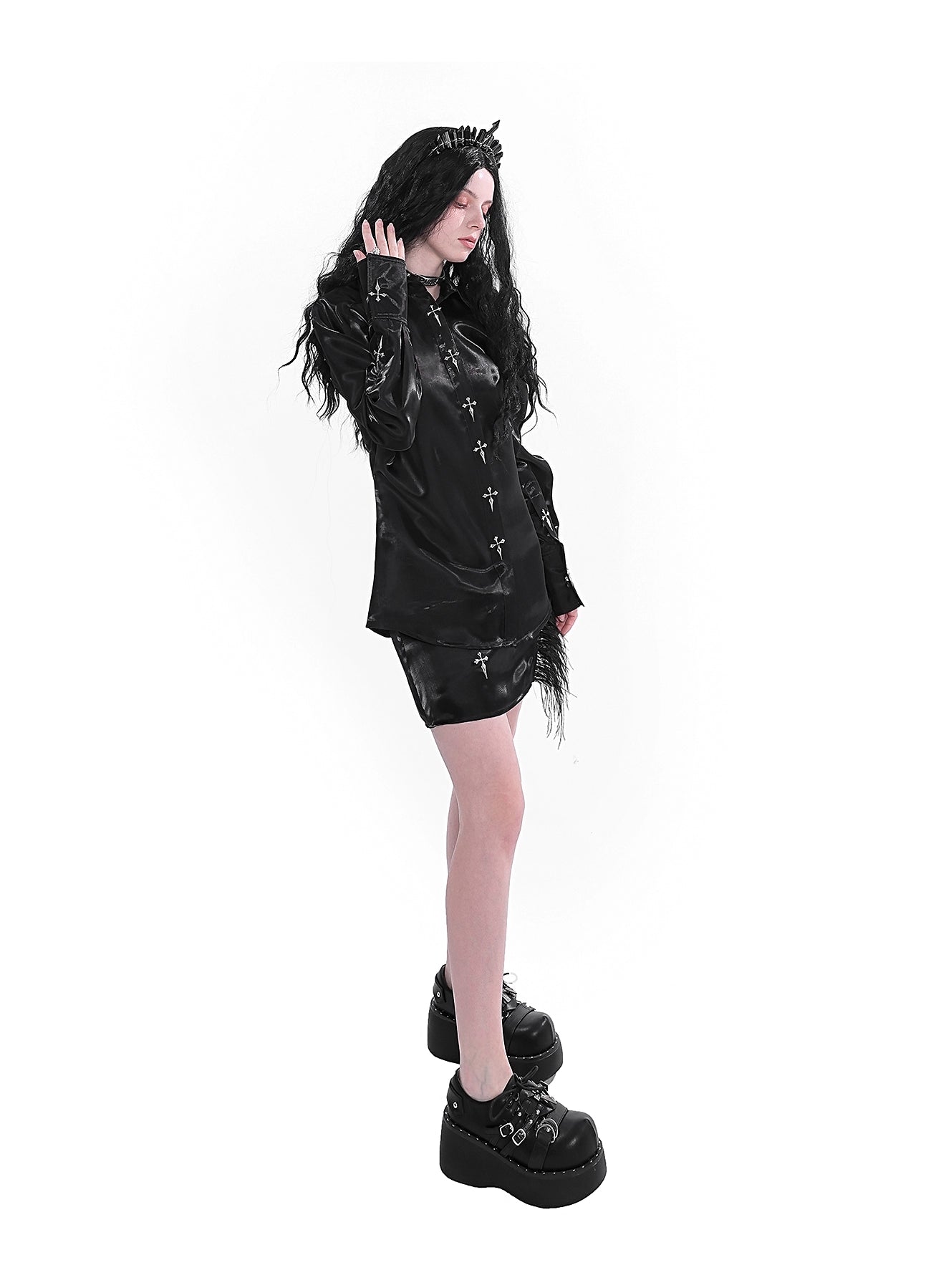 Yubaby Gothic Cross-Embroidered Satin Shirt - Long Sleeve Button-Down With Feather Trim