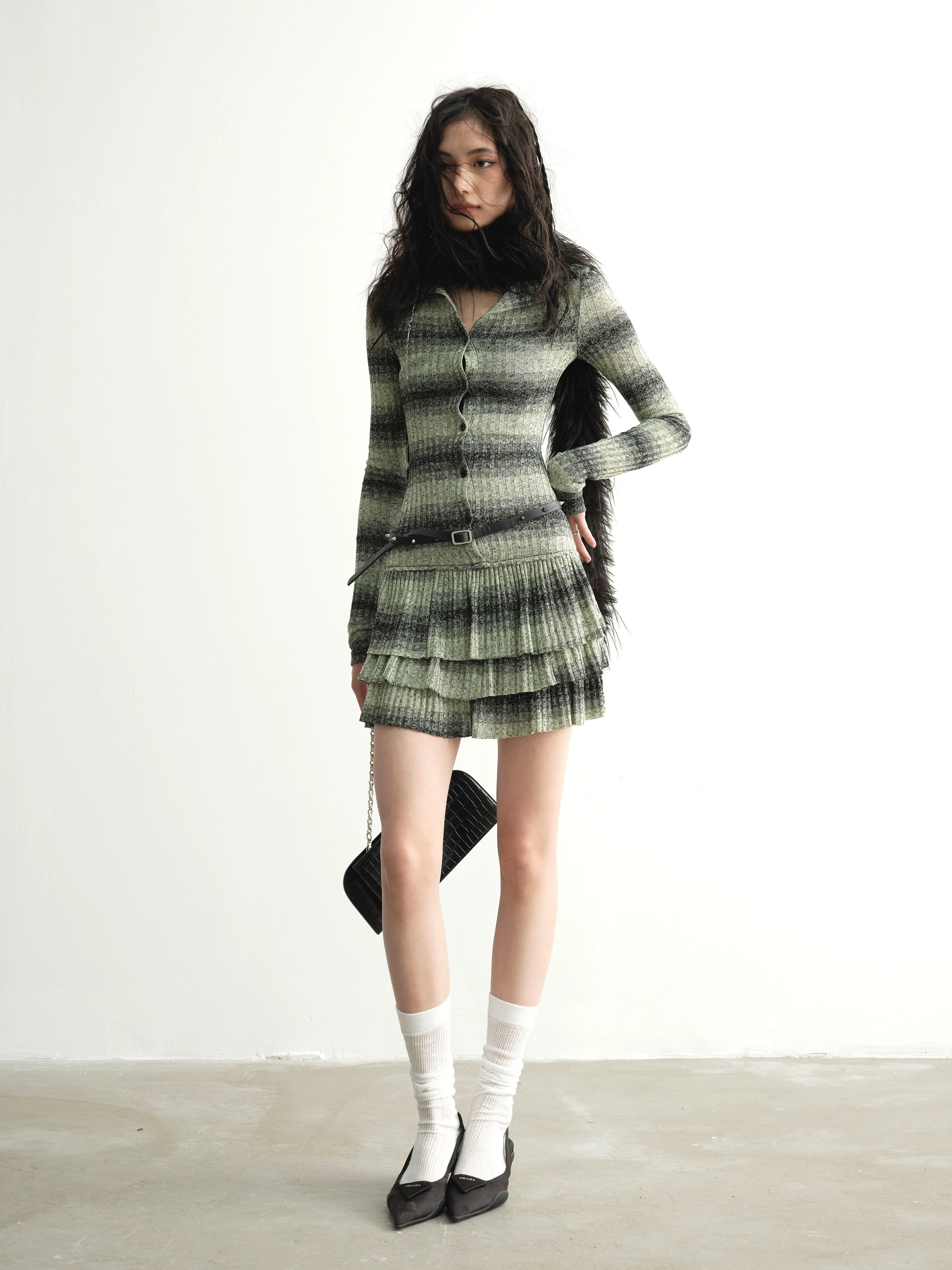 Striped Ribbed Ruffle Knit Dress