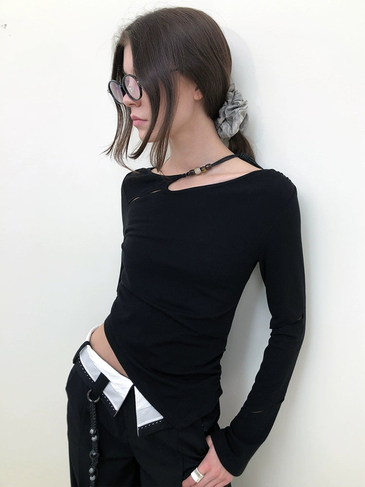 Asymmetrical Sheer Long Sleeve Top with Beaded Strap