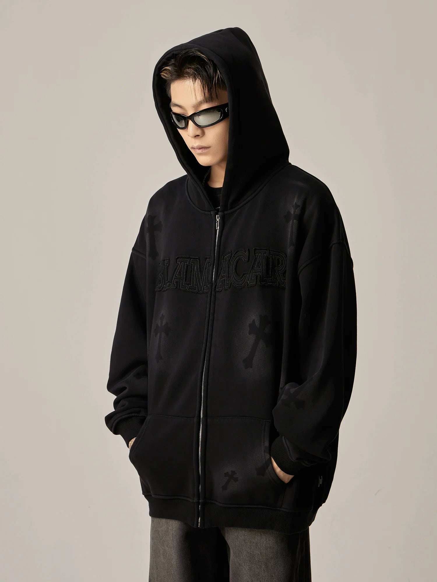 Oversized Black Embroidered Zip-Up Hoodie