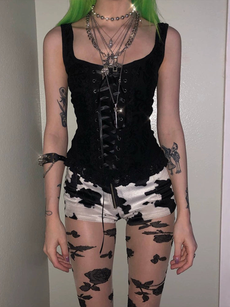 Wannathis Gothic Lace-Up Crop Top - Black Sleeveless Corset Tank With Lace Trim