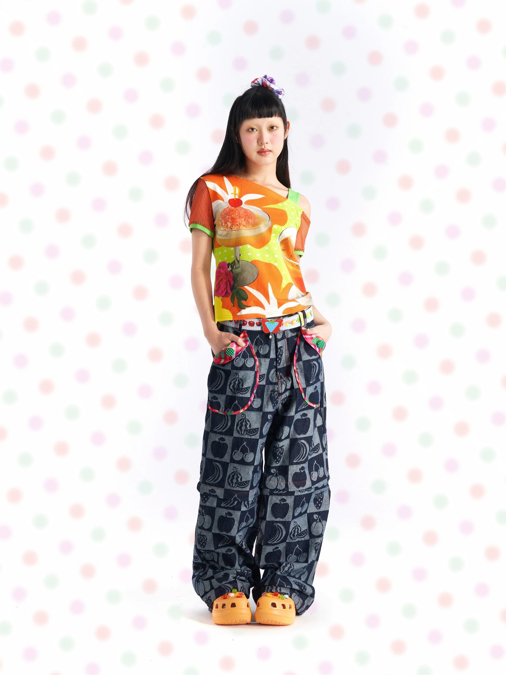 Checkered Fruit Print Denim Wide Pants