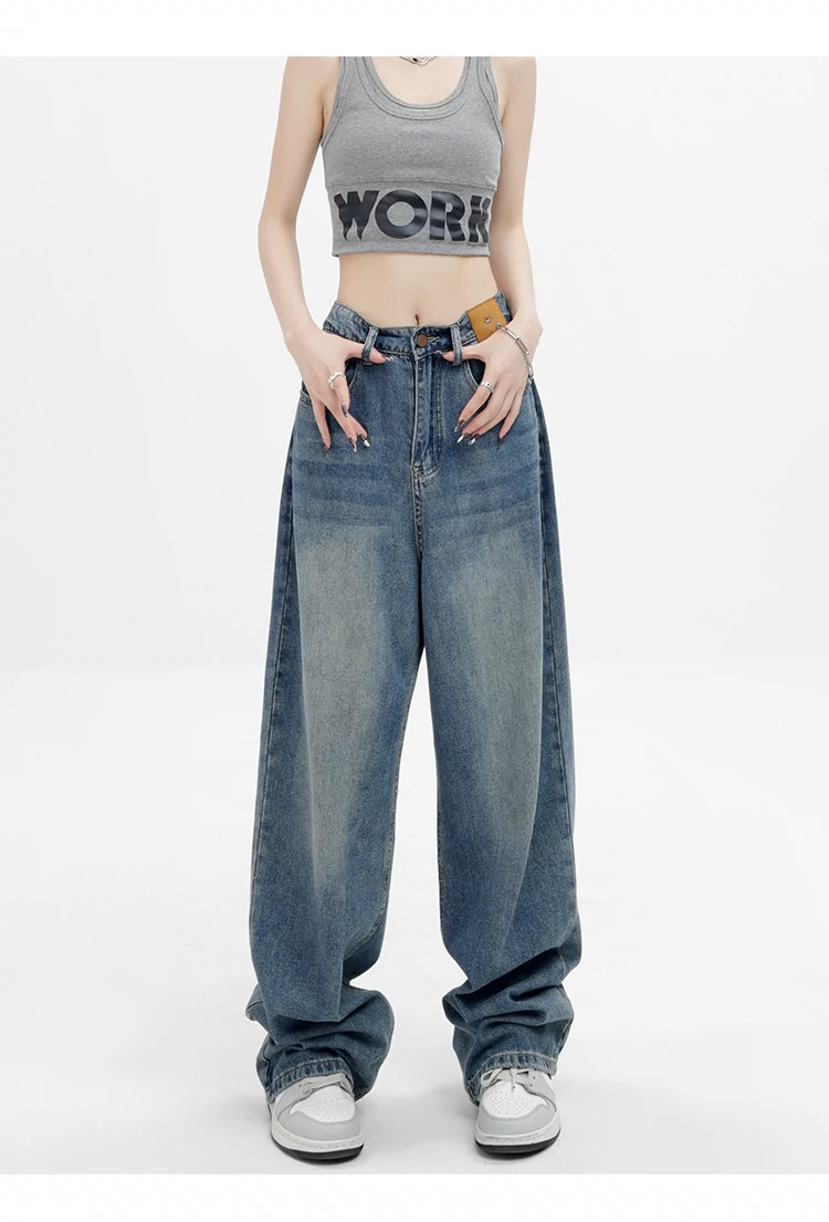 Blue Retro Loose Straight-Leg High-Waist Floor-Length Jeans - chiclara