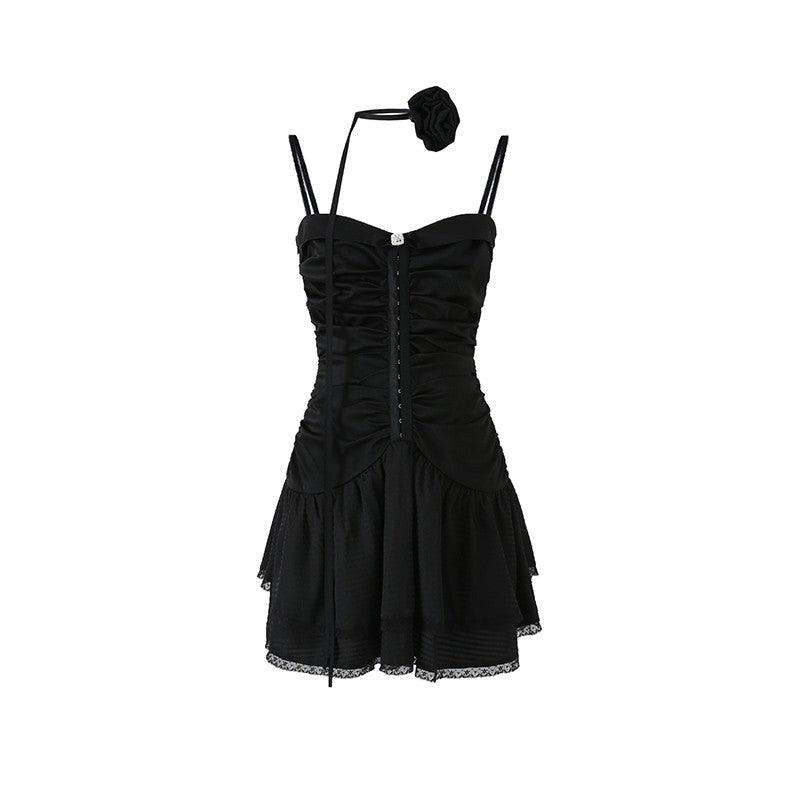 Black Pleated Waist Suspender Dress