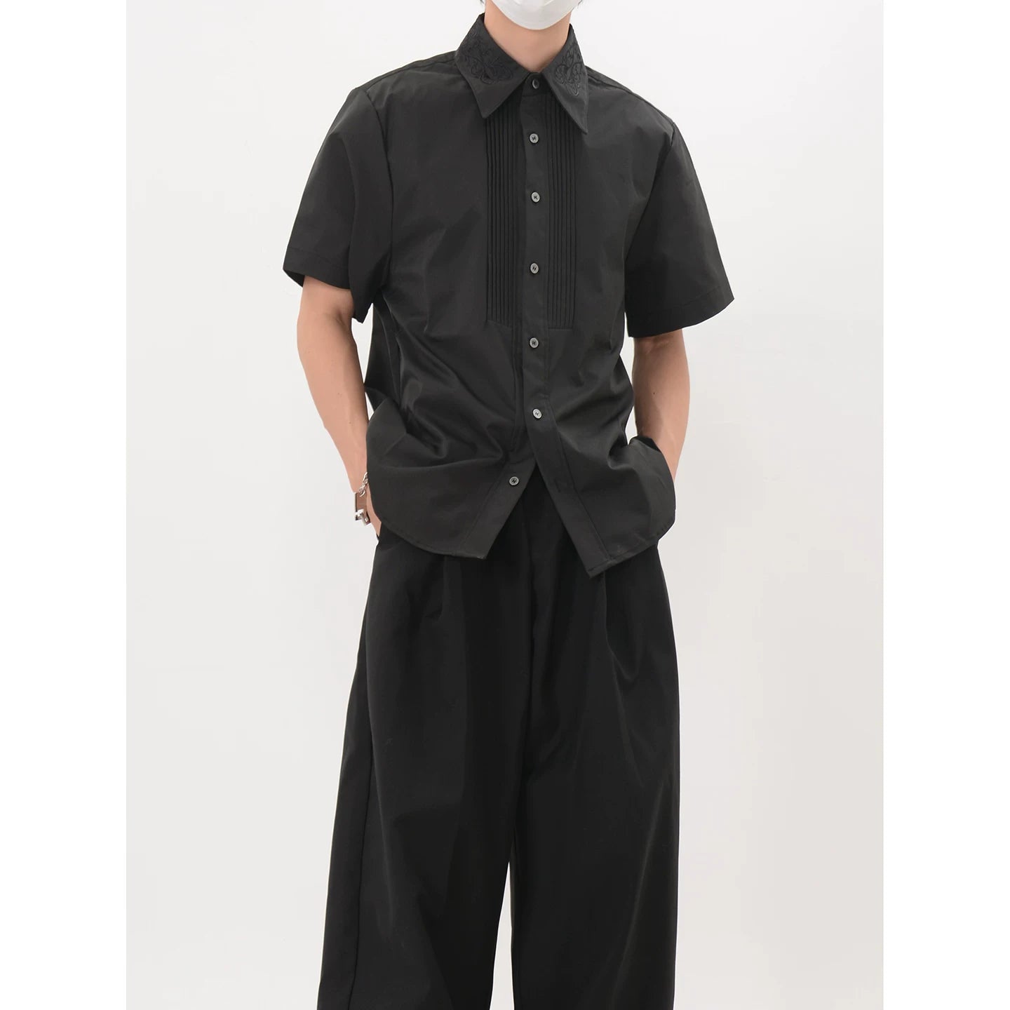 Noir Tux Pleat Embroidered Shirt