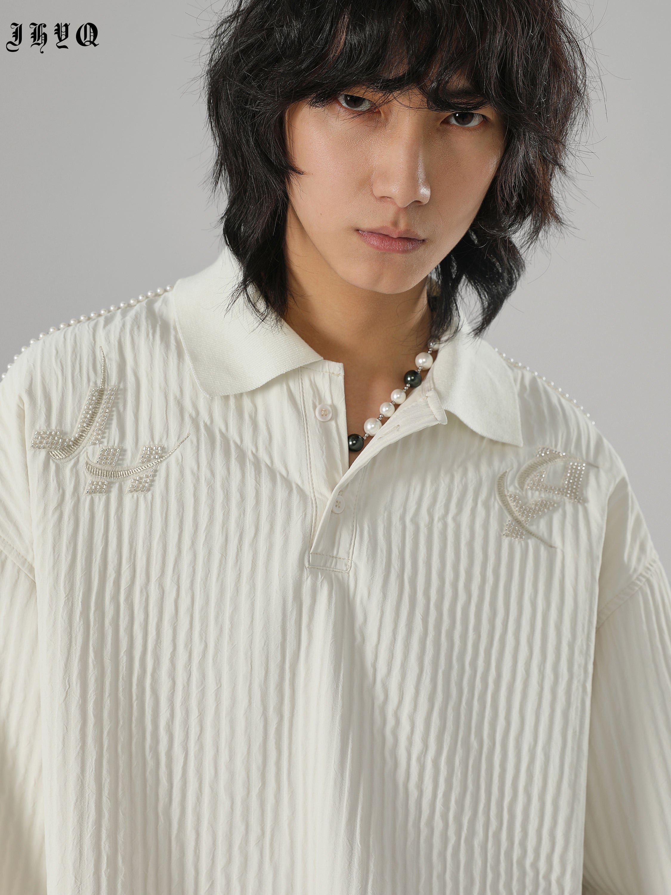 Beaded Embroidery Long Sleeve Polo Shirt - chiclara