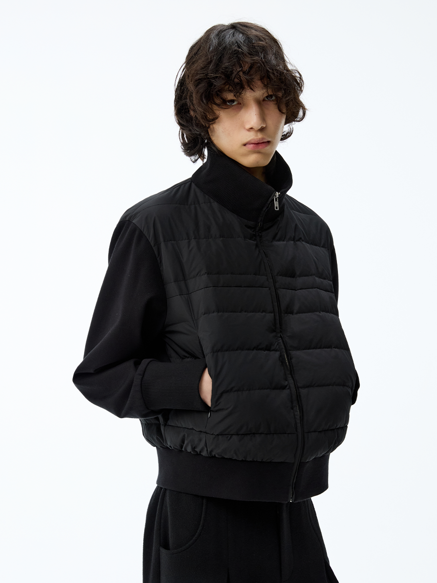 Black Quilted Panel Zip Bomber Jacket