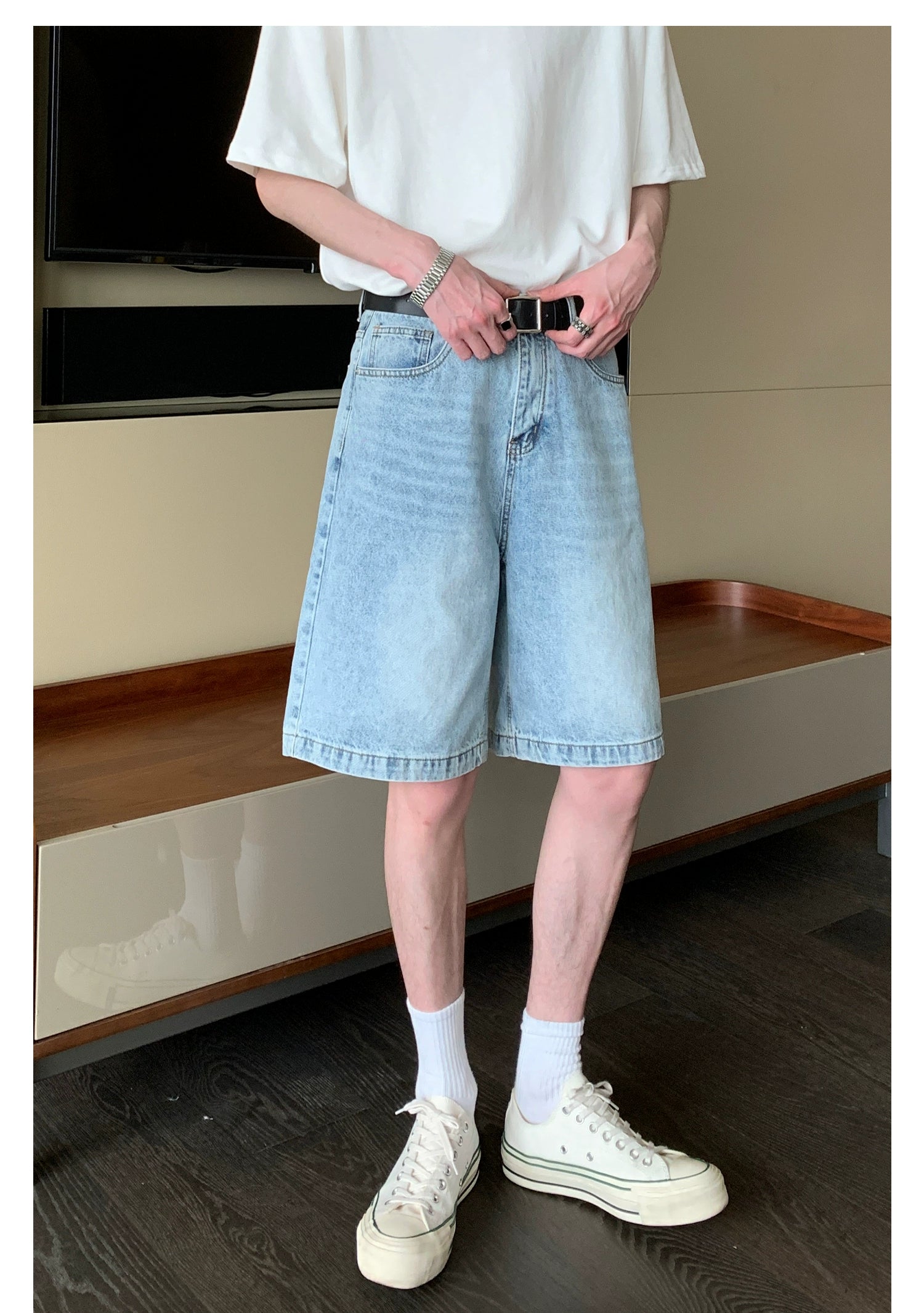 Faded Denim Shorts with Distressed Wash