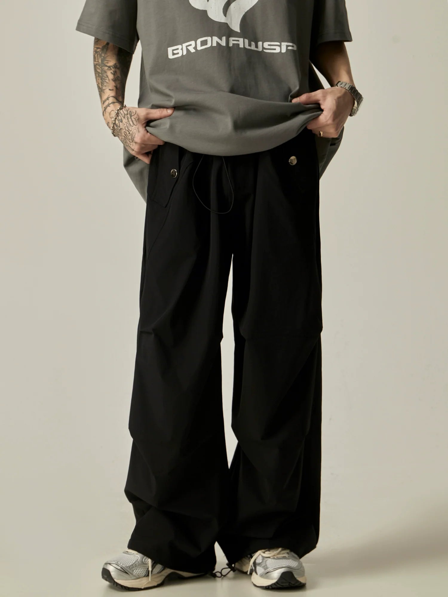 Wide-Leg Black Cargo Pants - Close-up View