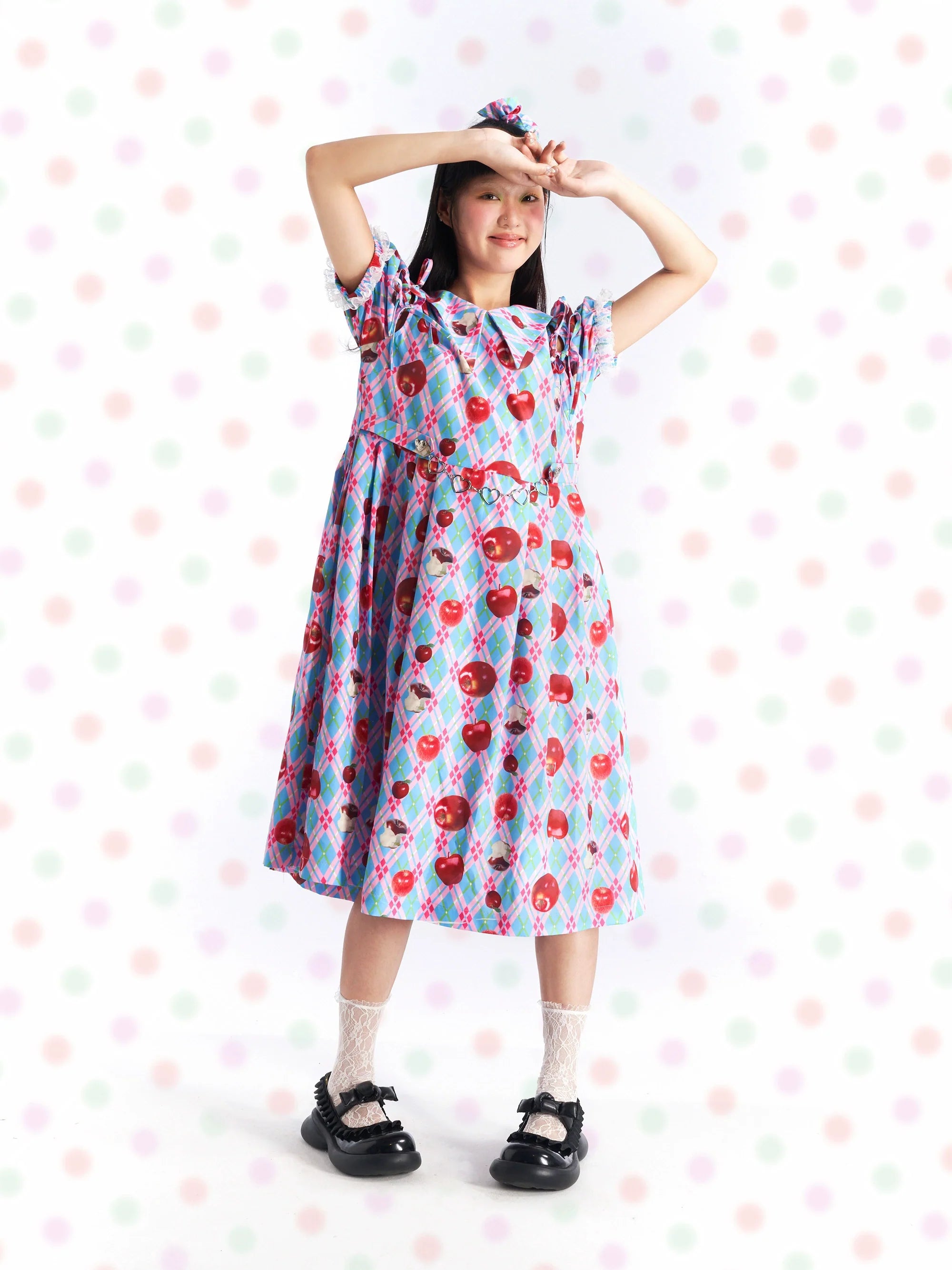 Blue and Pink Apple Print Collar Dress