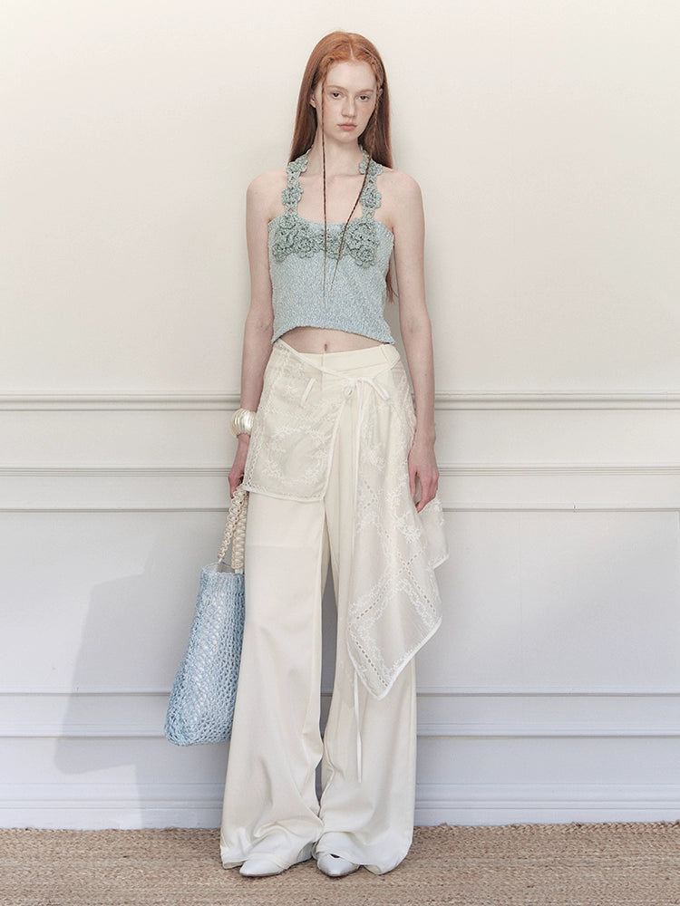 Embroidered Wrap Skirt Wide-Leg Trousers