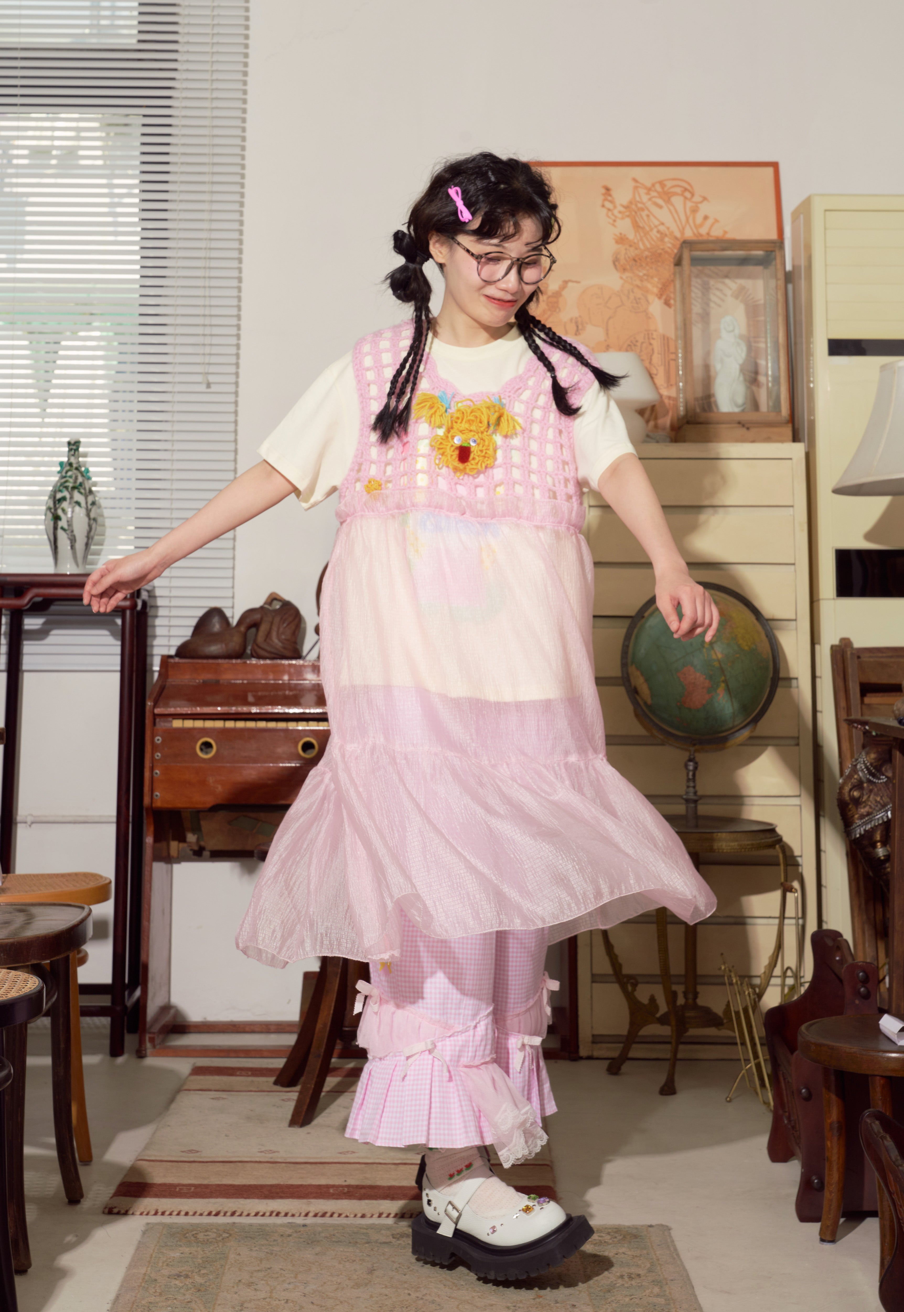 Pink Crochet Knit Embroidered Dress
