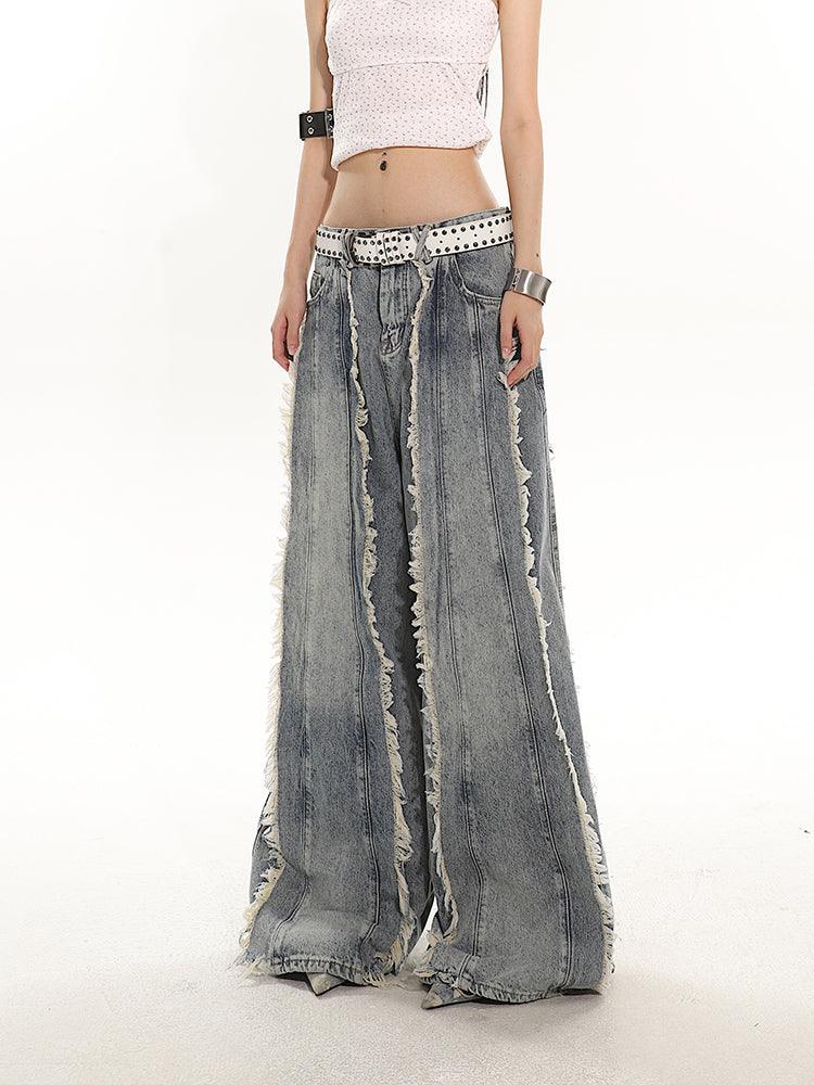 Indigo Fringe Design Flared Wide-Leg Denim Pants - chiclara