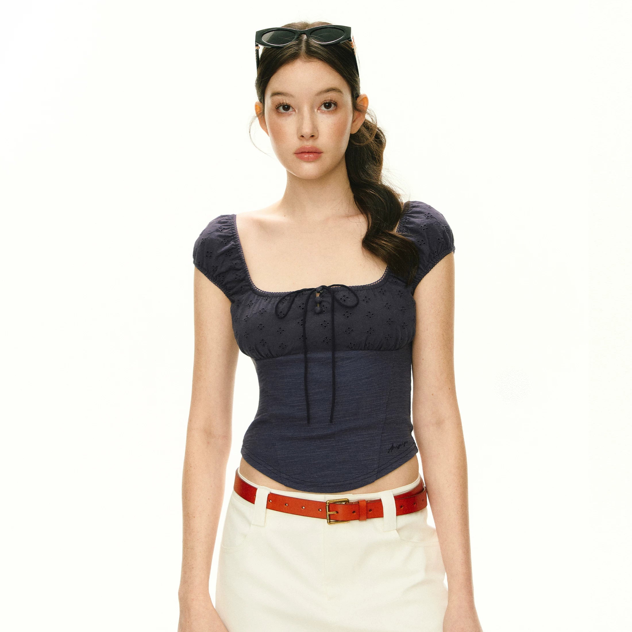 Eyelet Puff-Sleeve Corset Top