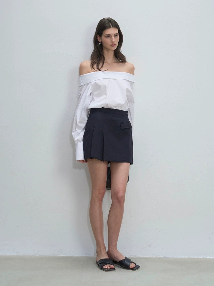 Navy Pleated Mini Skirt with Tab Detail