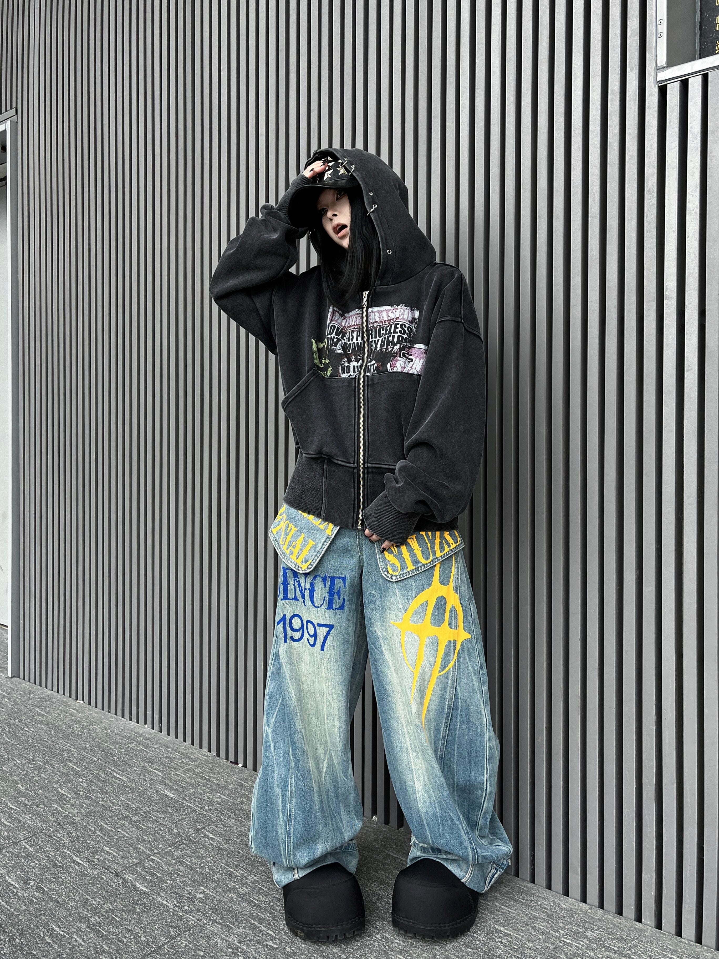 Men's Layered-Look Panel Print Wide-Leg Jeans