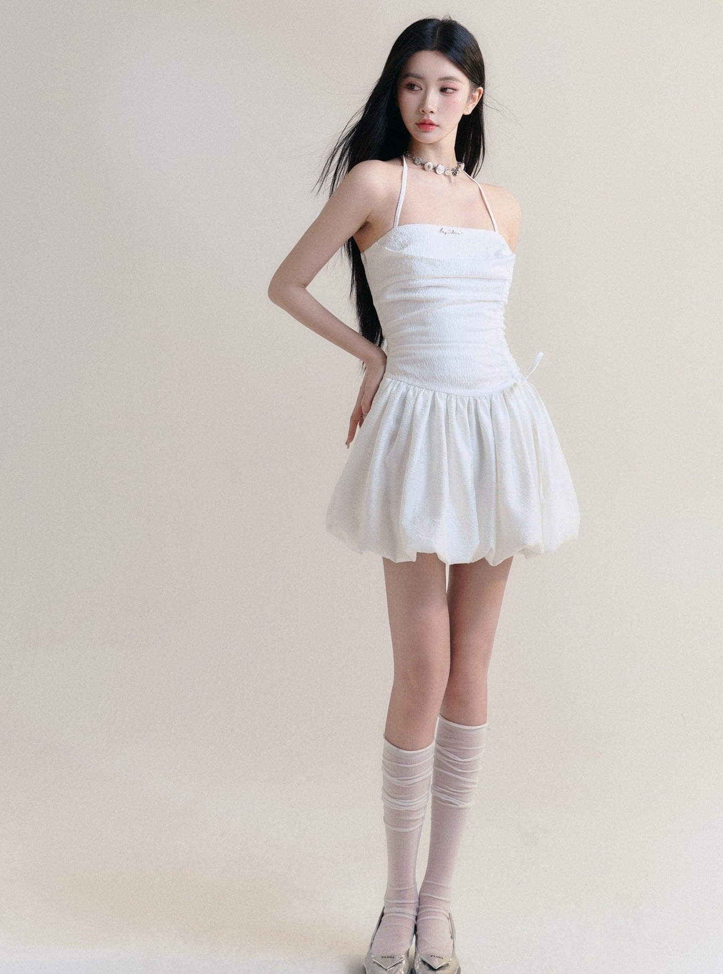 Angelic White Halter Mini Sundress with Ruched Bodice