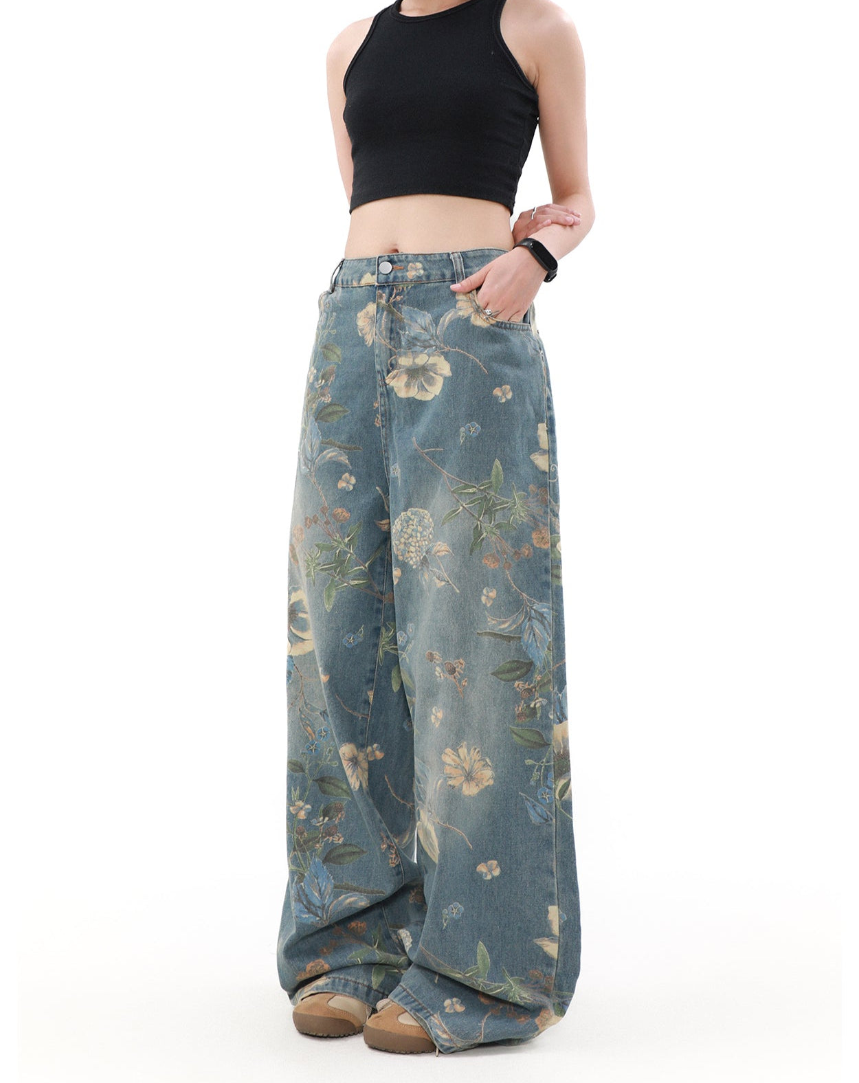 Floral Print Wide Leg Denim Jeans