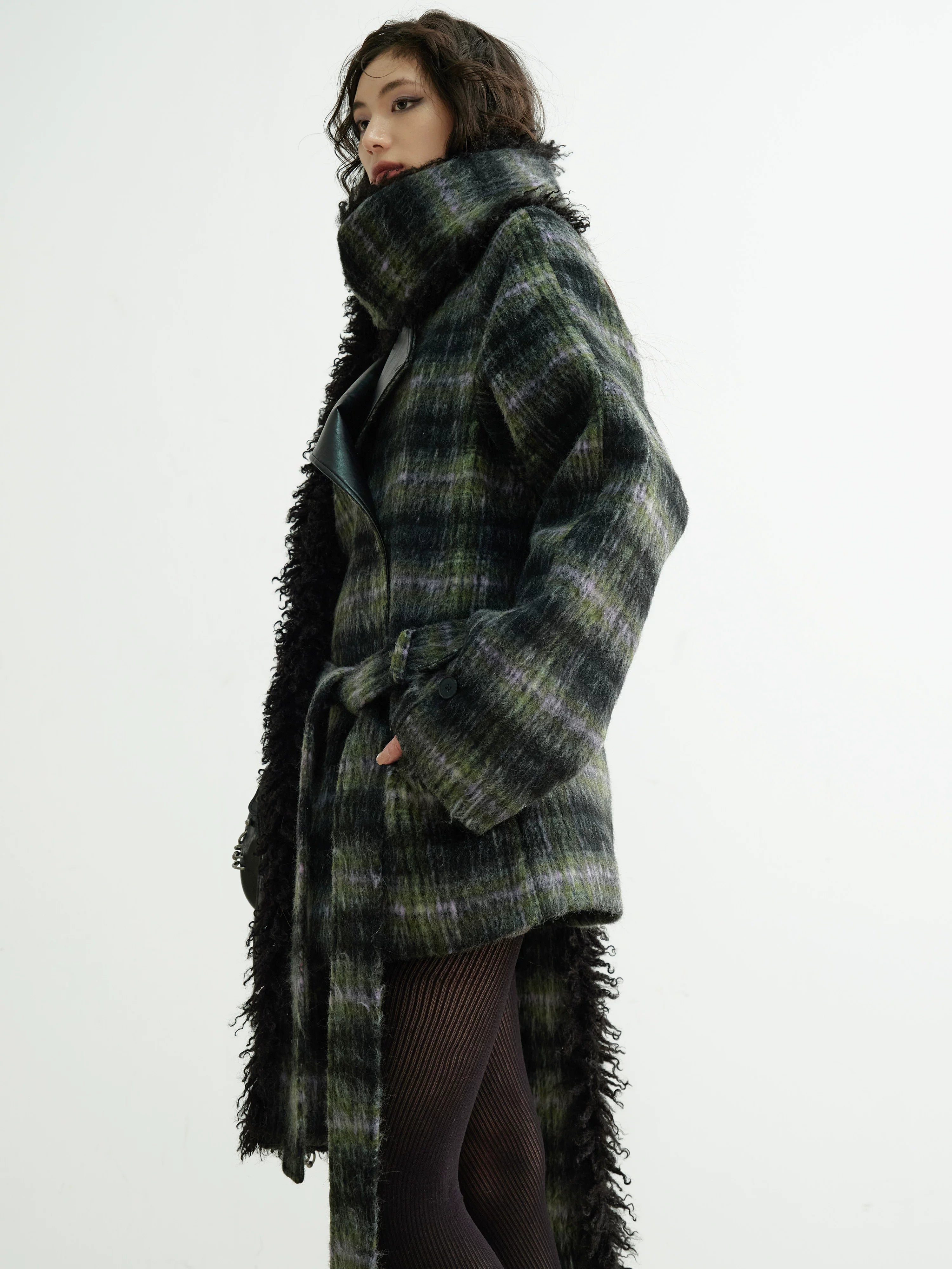 Shadow Plaid Fringe Wrap Coat