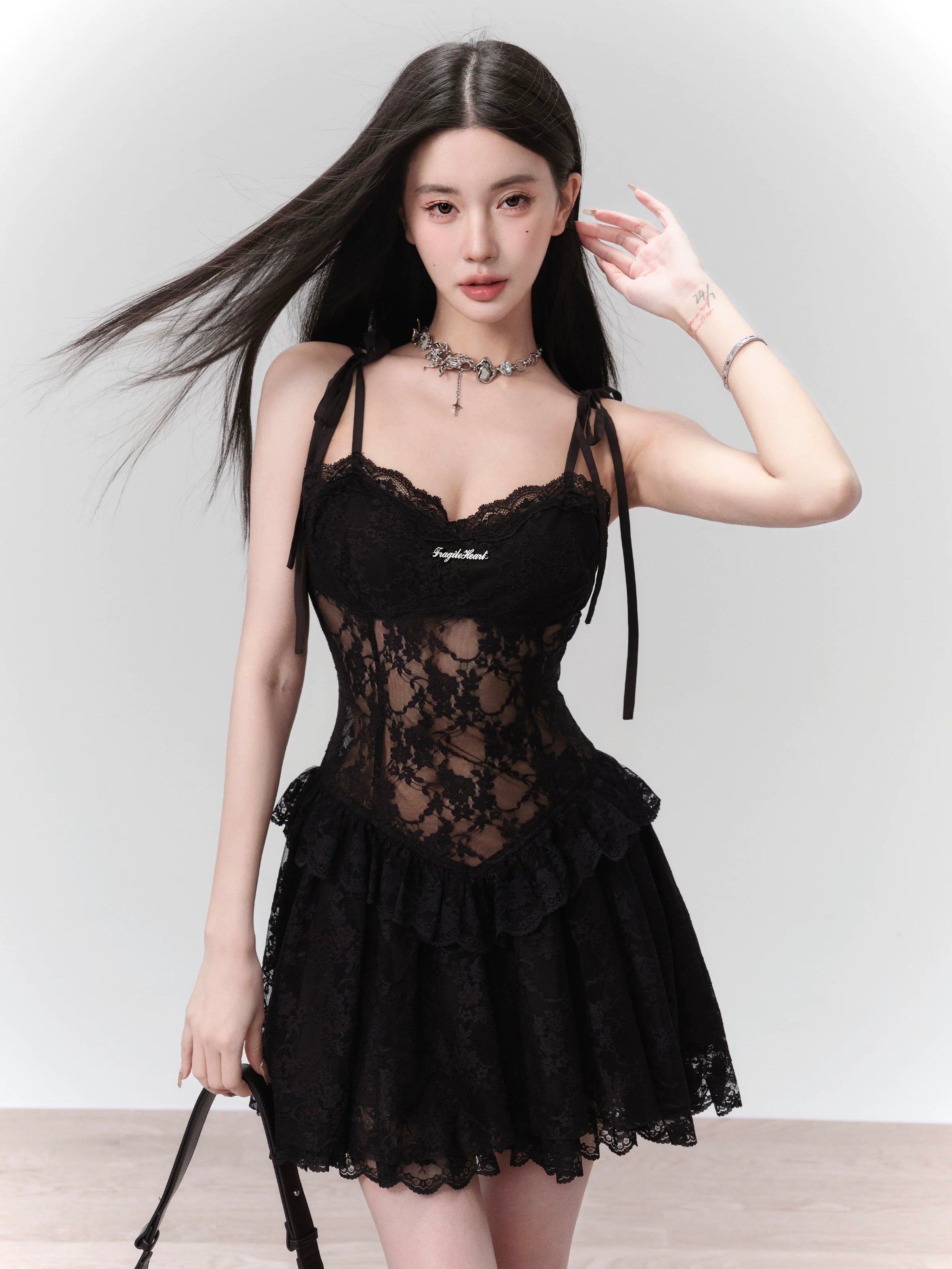 Seductive Black Lace Corset Mini Dress with Tie Straps