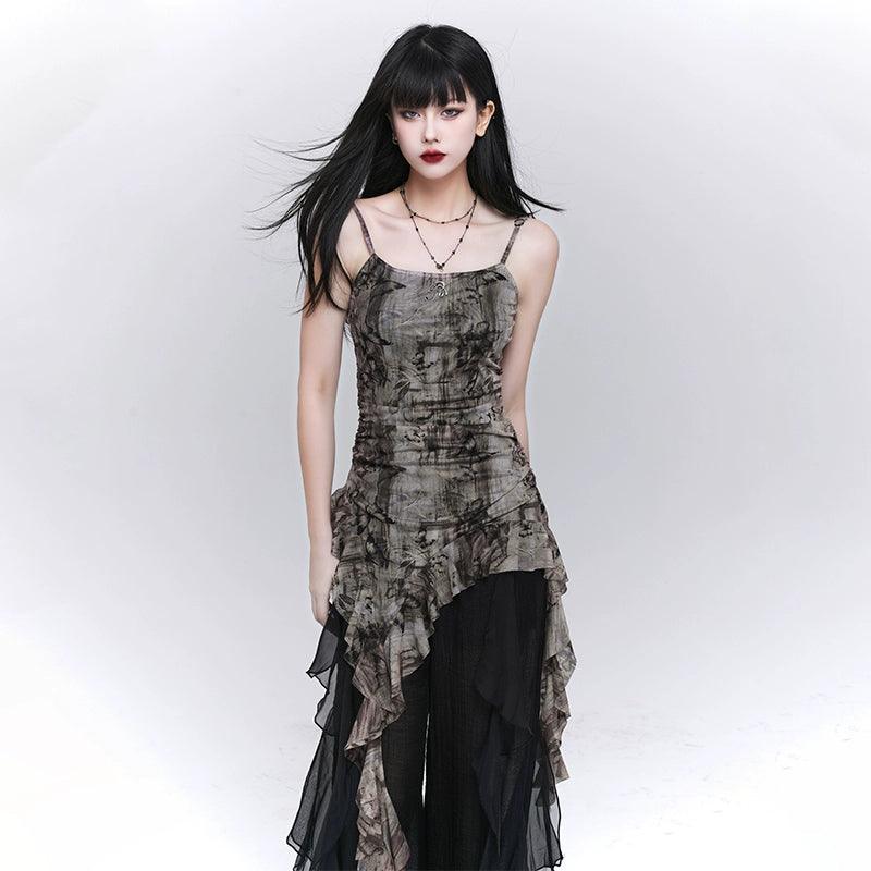 Ladyghost Grunge Fairy Asymmetrical Cami Dress - Women'S Tie-Dye Ruched Mini Dress With Ruffle Hem