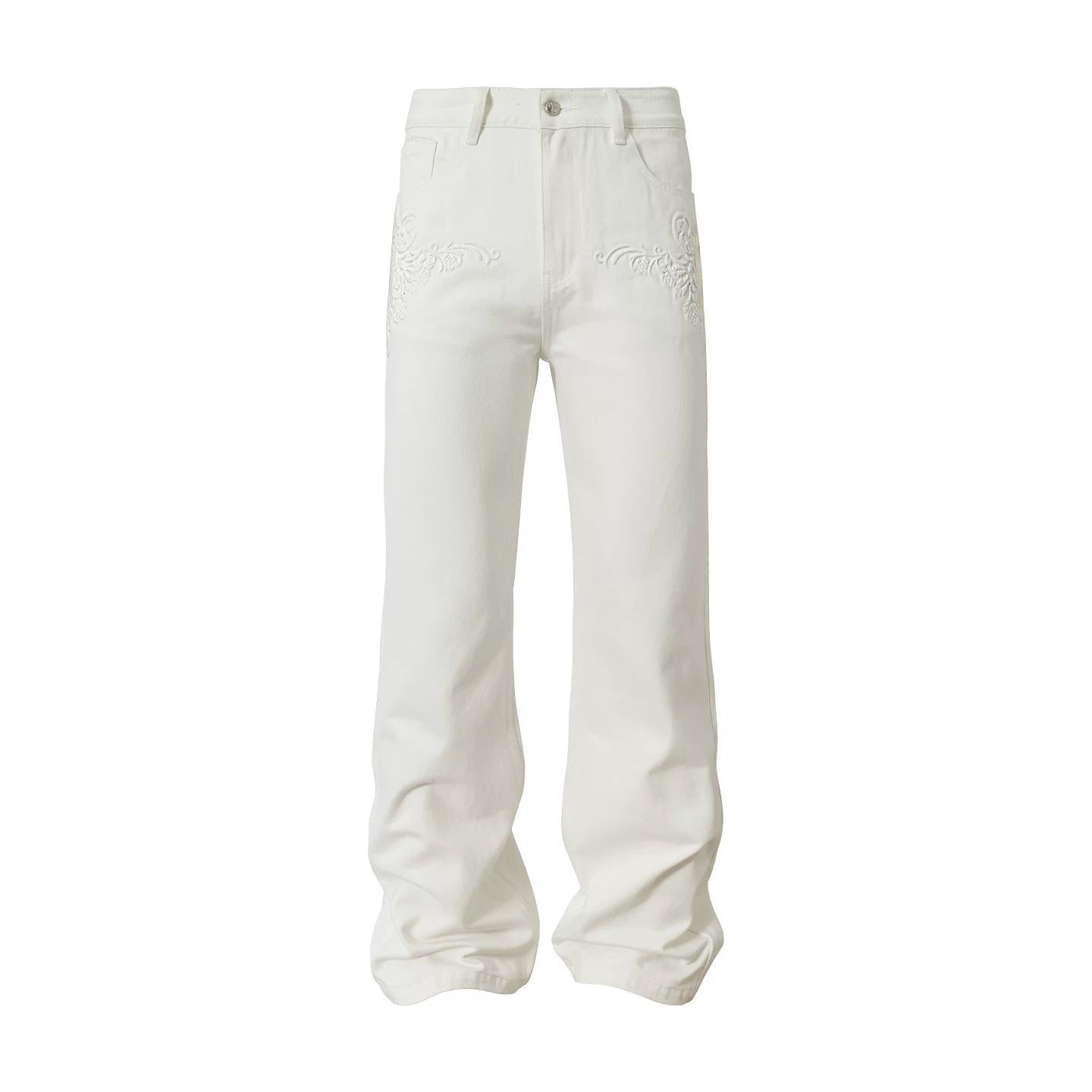 White Tonal Embroidered Wide Leg Jeans
