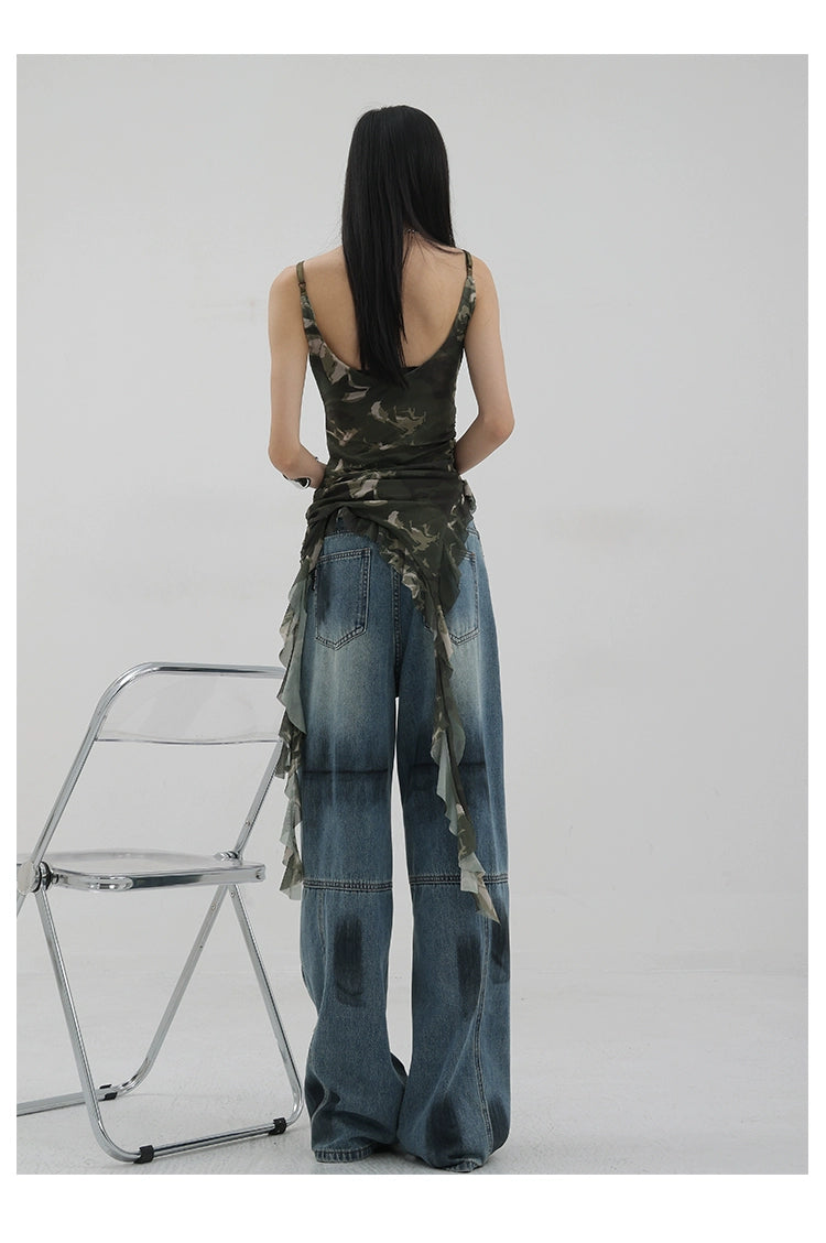 Vintage Distressed And Dirt-Dyed Patchwork Wide-Leg Jeans - chiclara