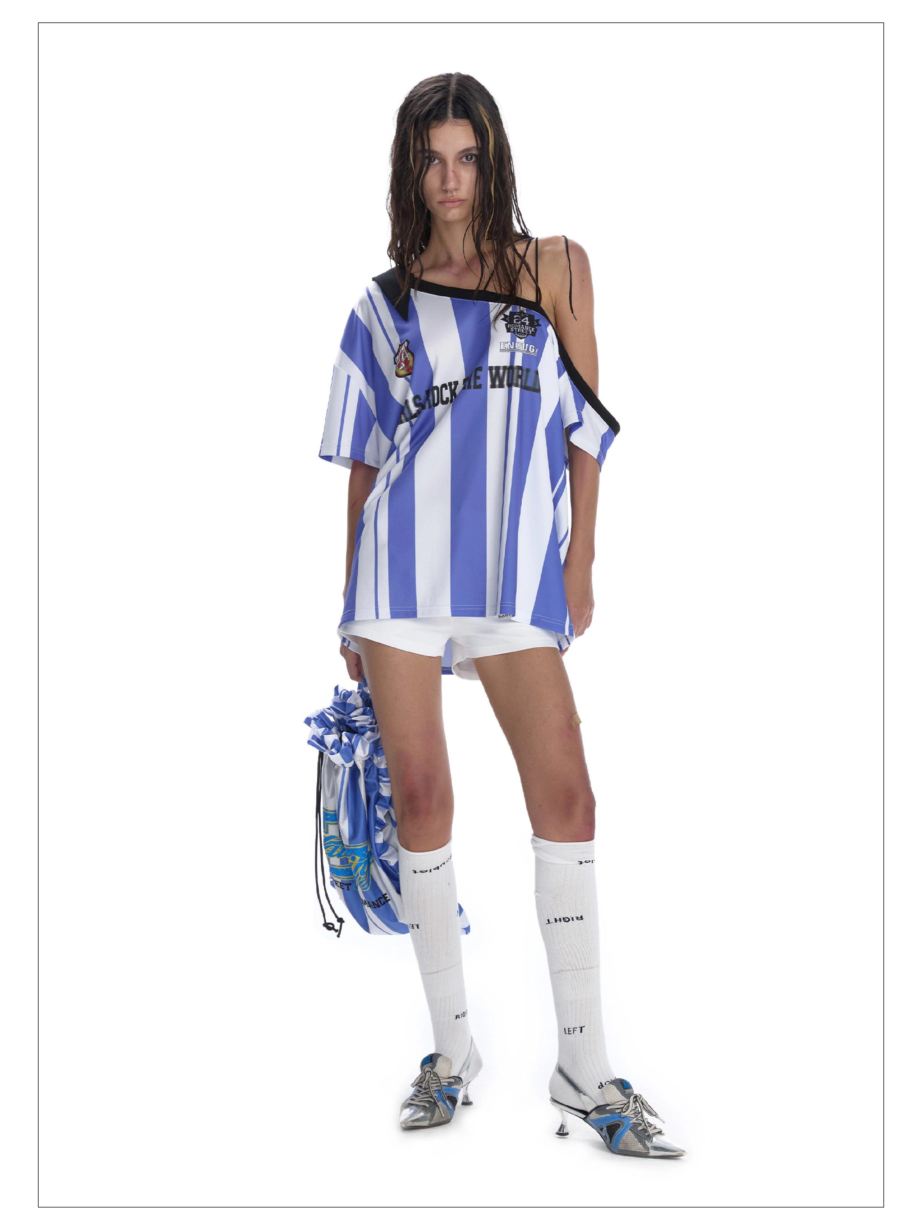 24Ans Striped Off-Shoulder Soccer Jersey - Unisex Asymmetric One-Sleeve Sports Top