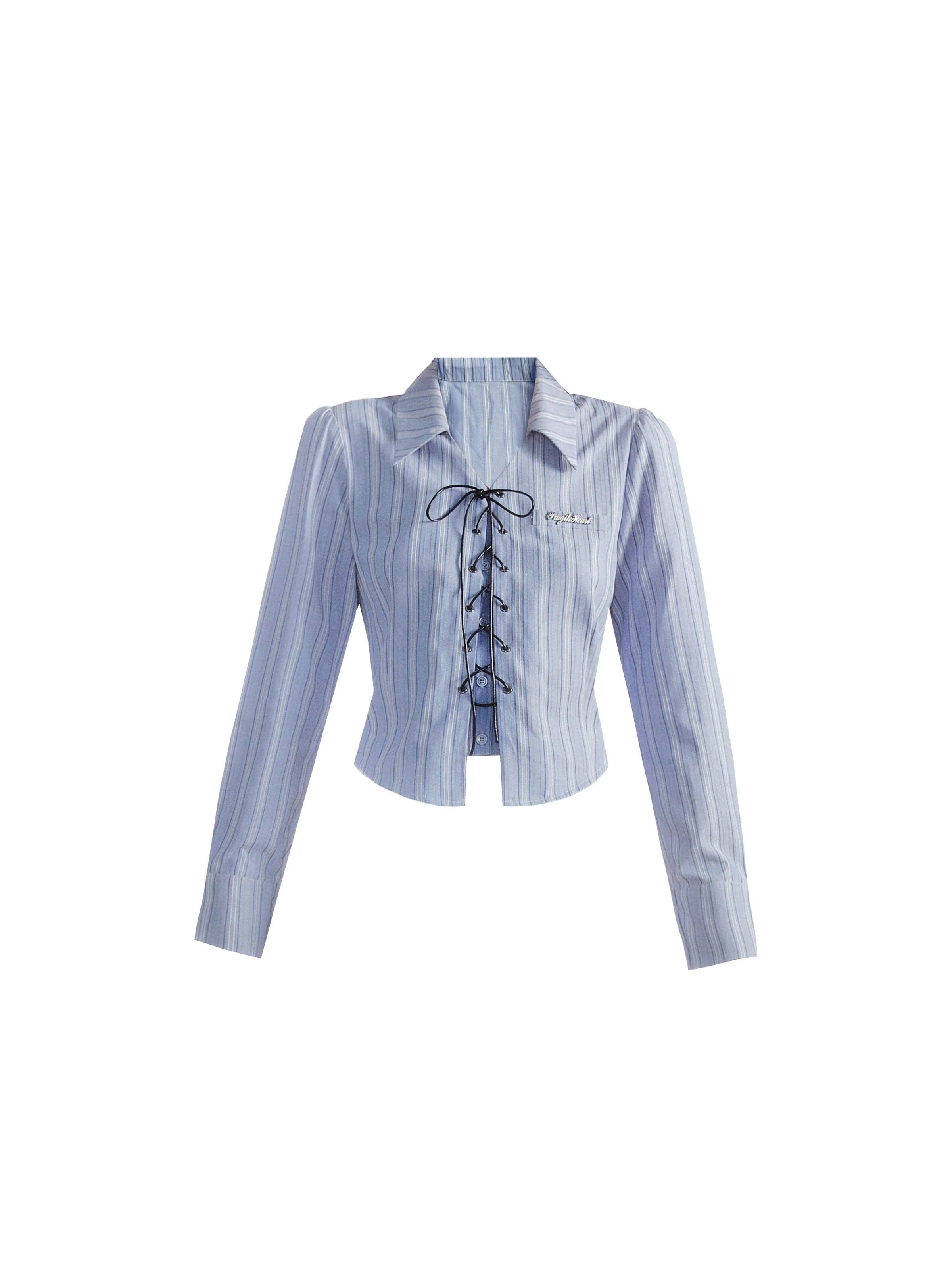 Vintage-Inspired Lace-Up Cropped Blazer - Pinstripe Collared Jacket in Light Blue and Beige