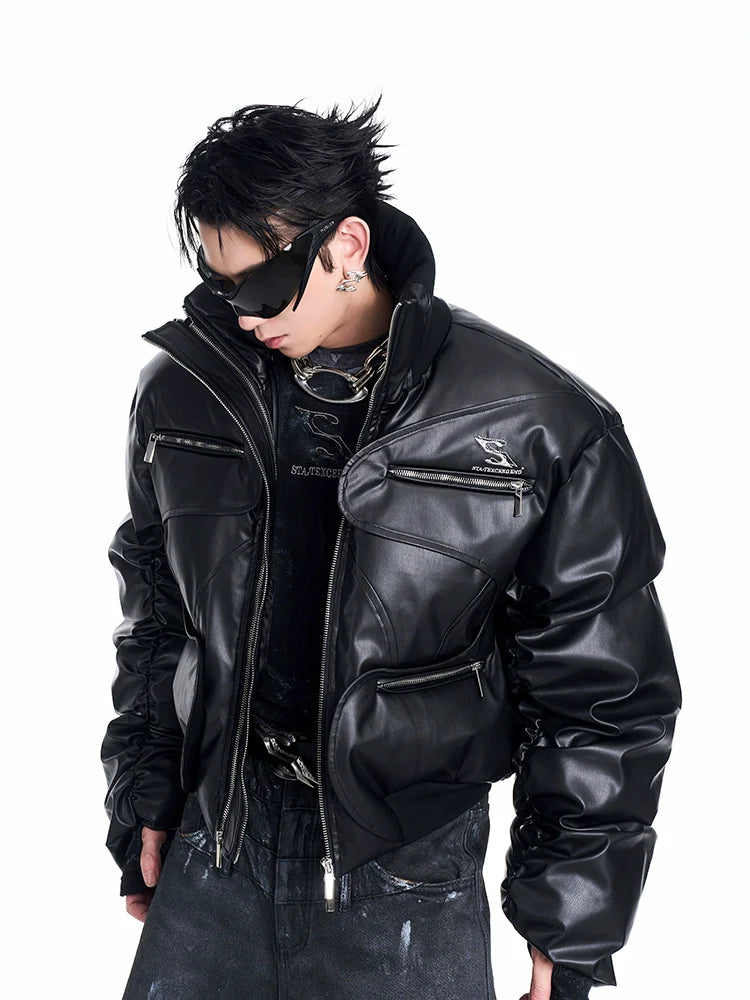 Stand Collar Multi-Pocket Leather Puffer Jacket