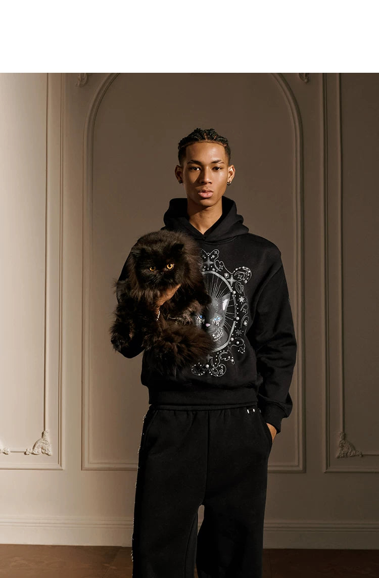 Pearl Embellished Mystic Cat Graphic Hoodie