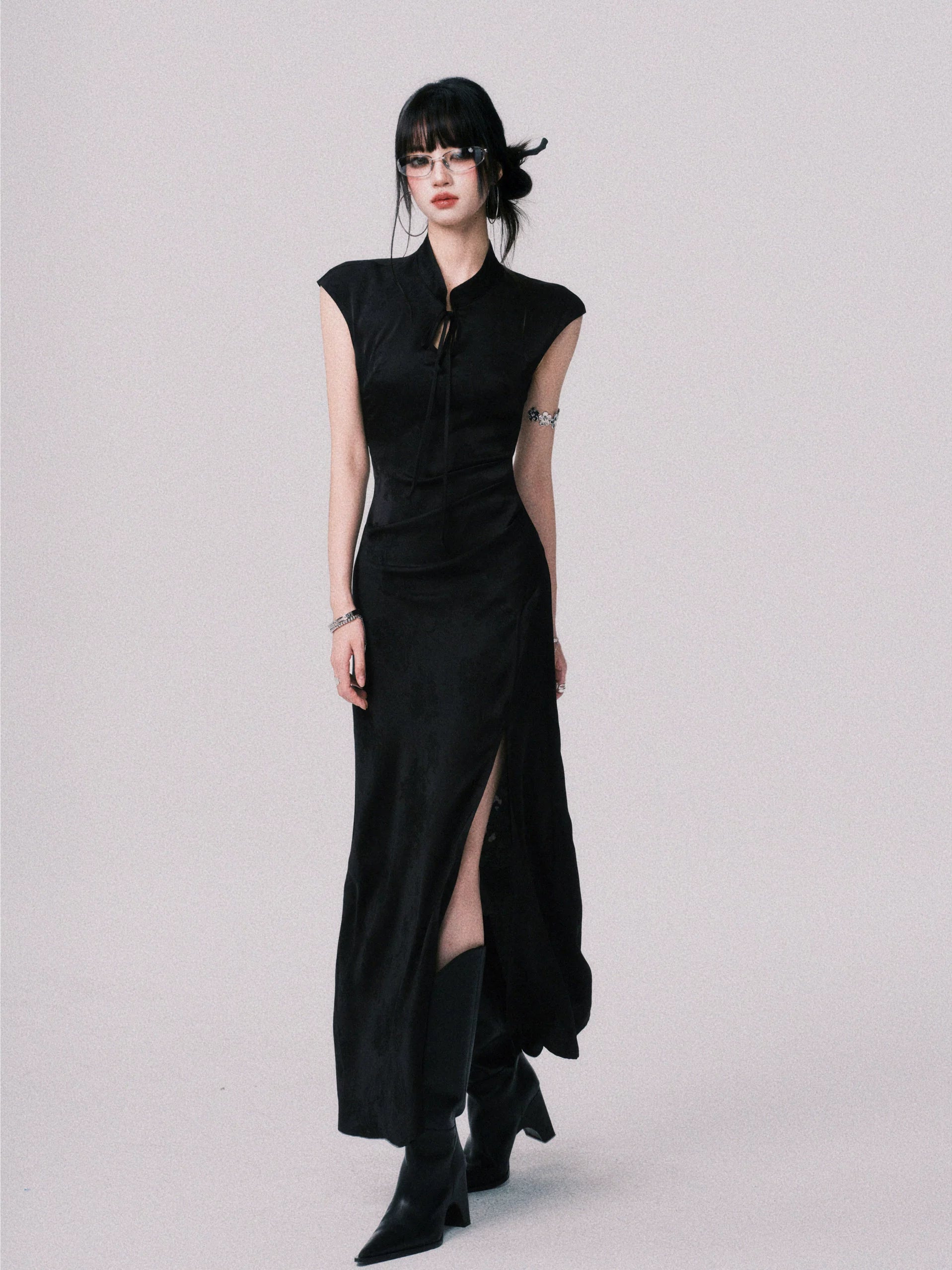 Midnight Cipher Cheongsam Maxi Dress