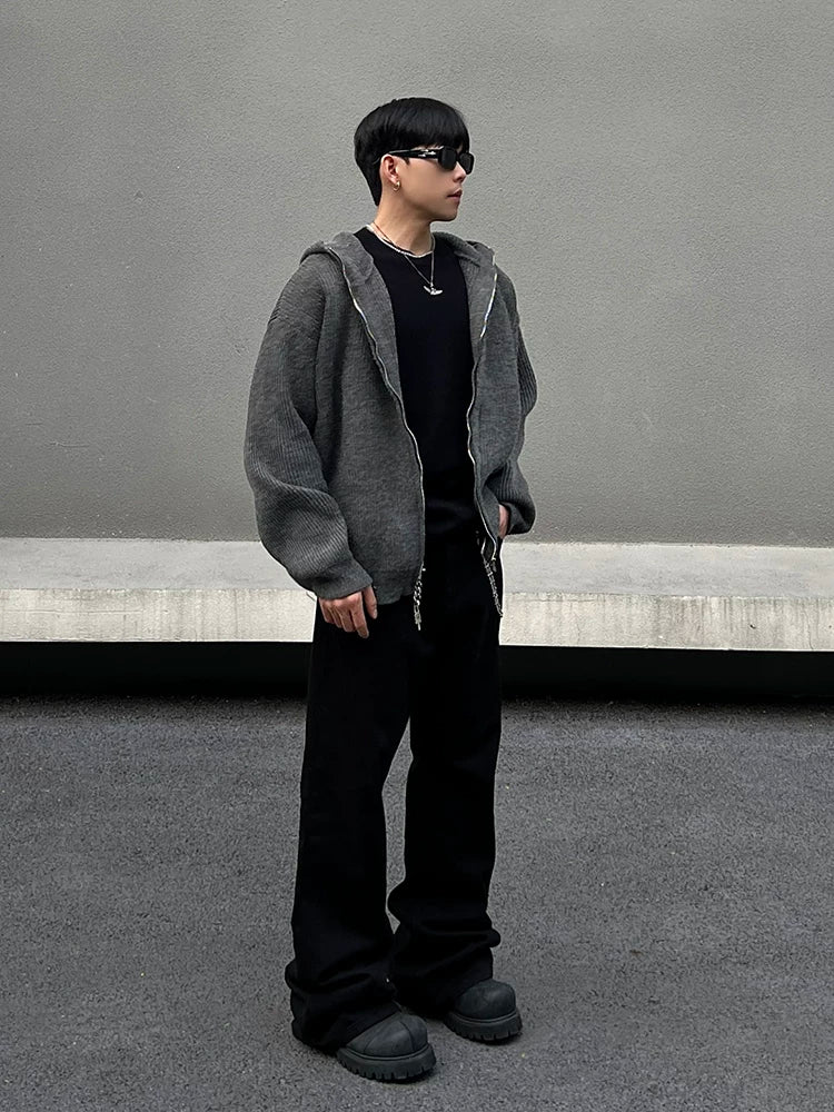 Charcoal Rib-Knit Zip Hoodie