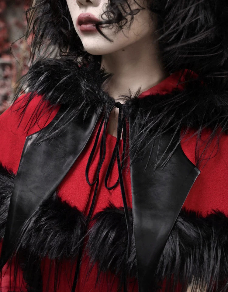 Crimson Faux Fur Trim Gothic Coat Dress