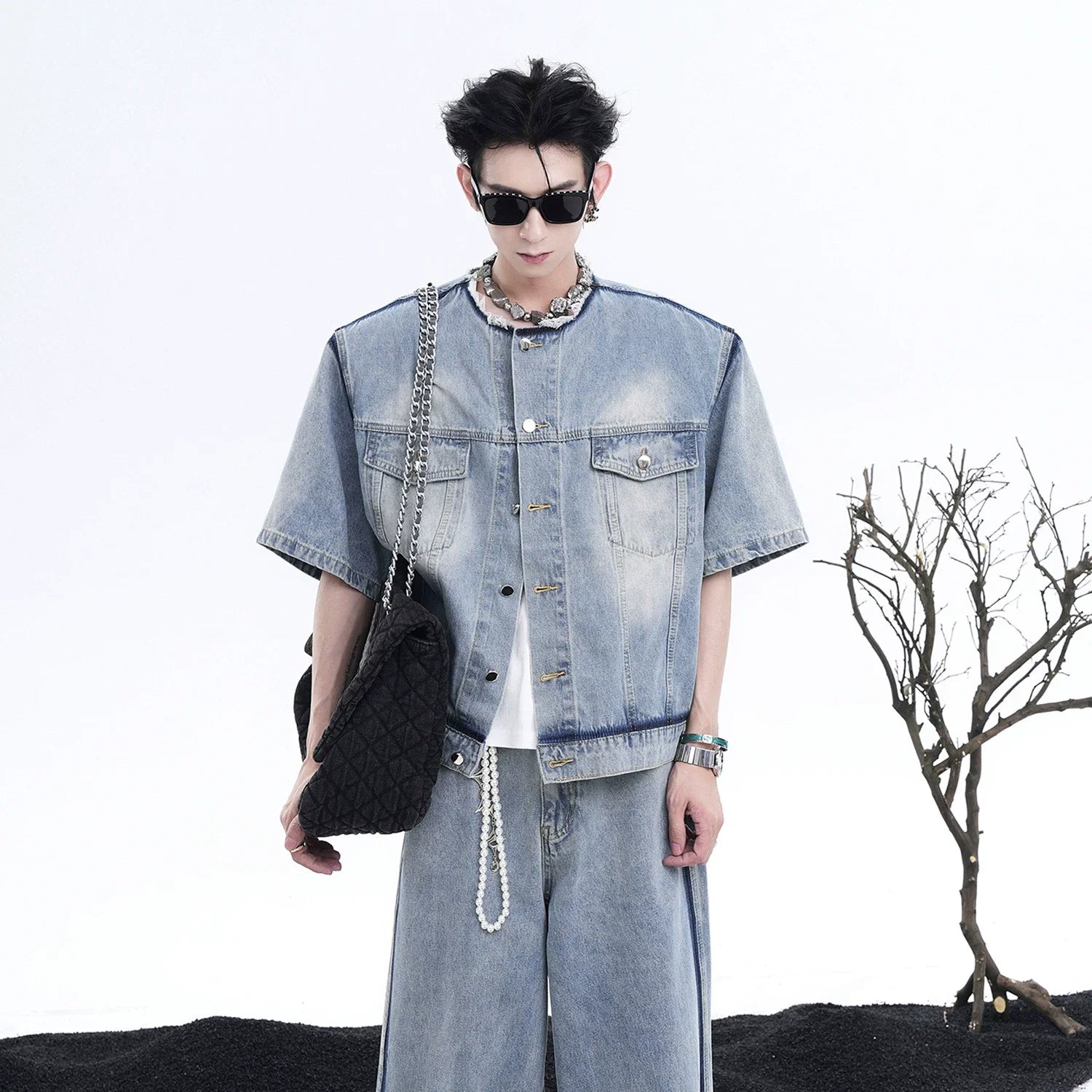 Light Wash Denim Short Sleeve Jacket and Wide Leg Pants Setup