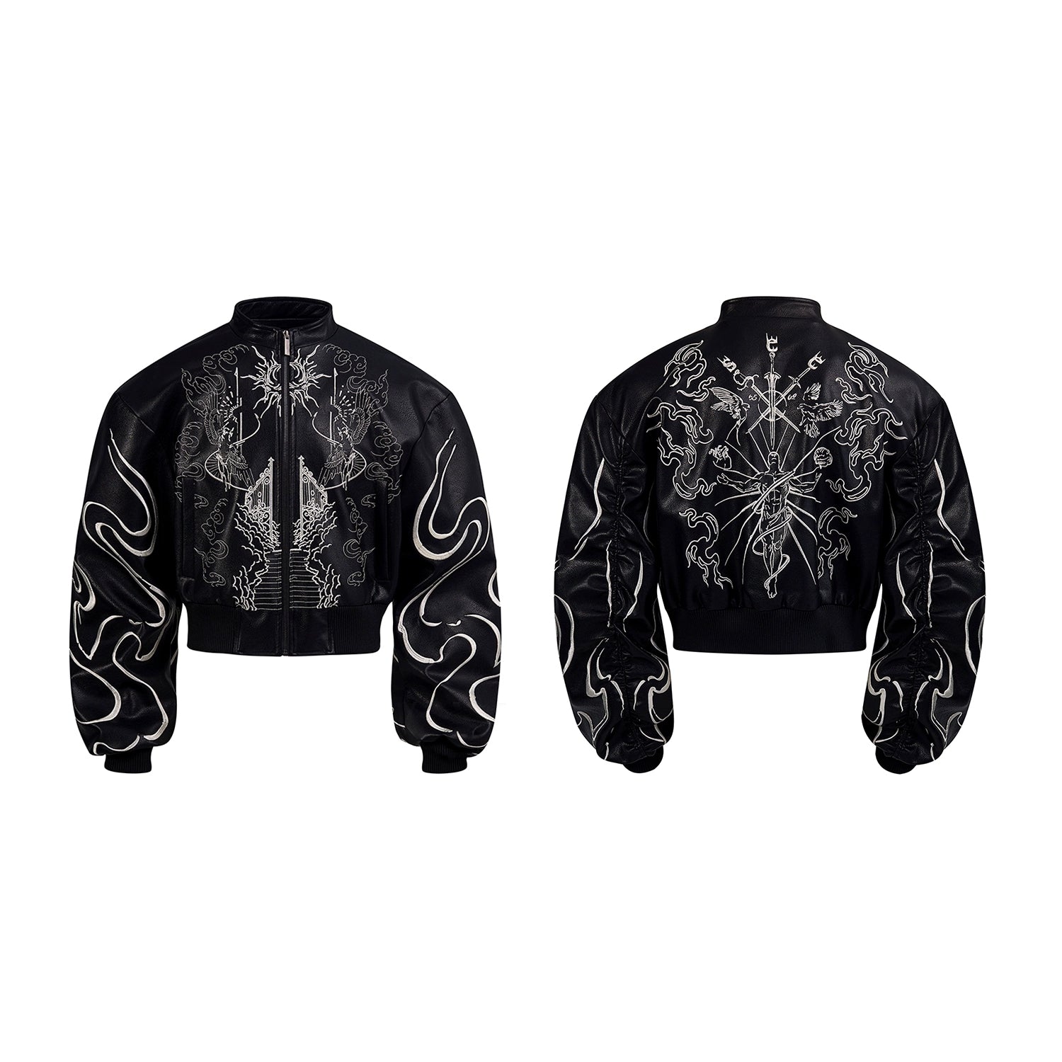 Black Cropped Graphic Leather Jacket