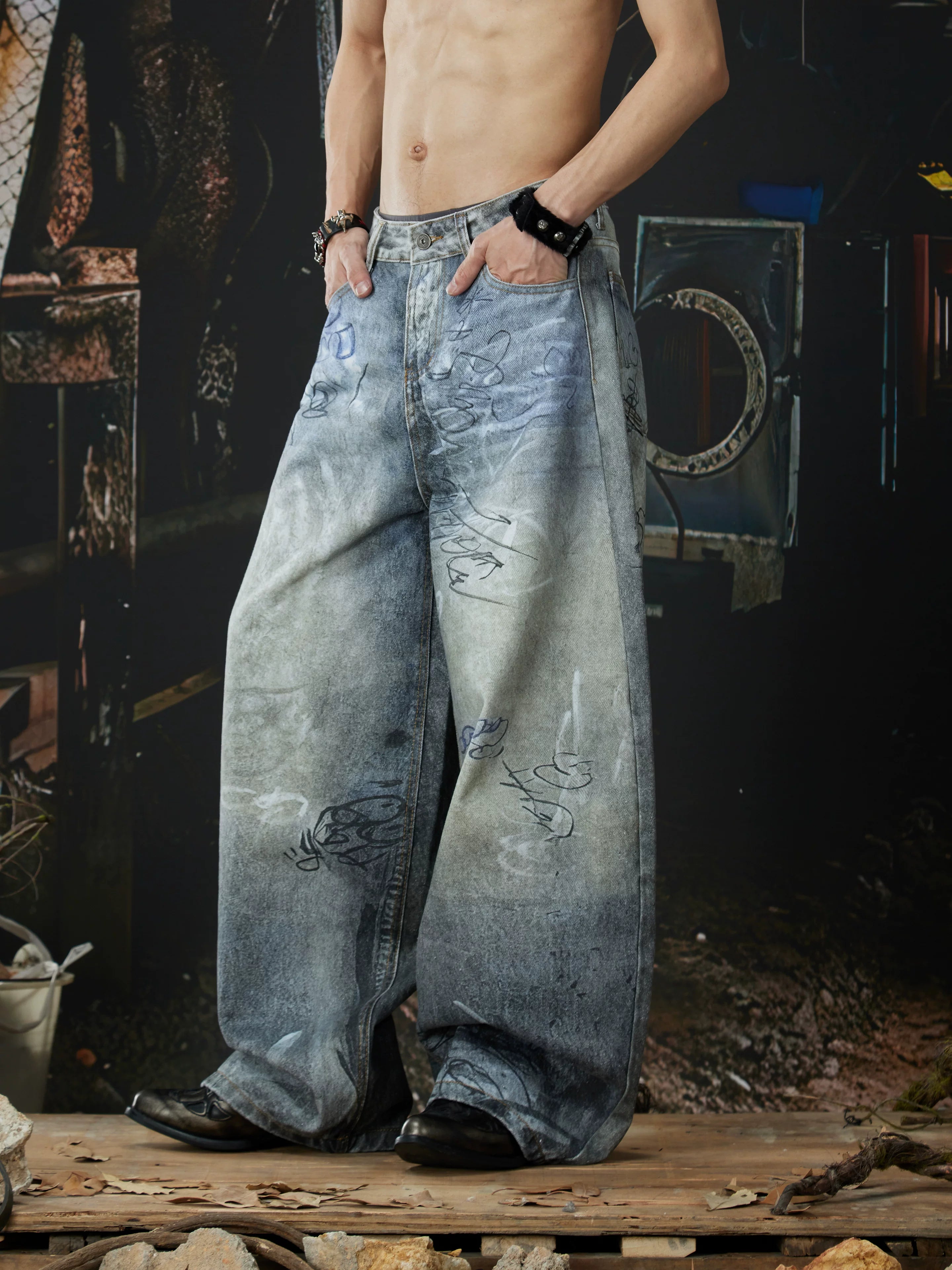 Faded Tagstorm Graffiti Wide‑Leg Jeans