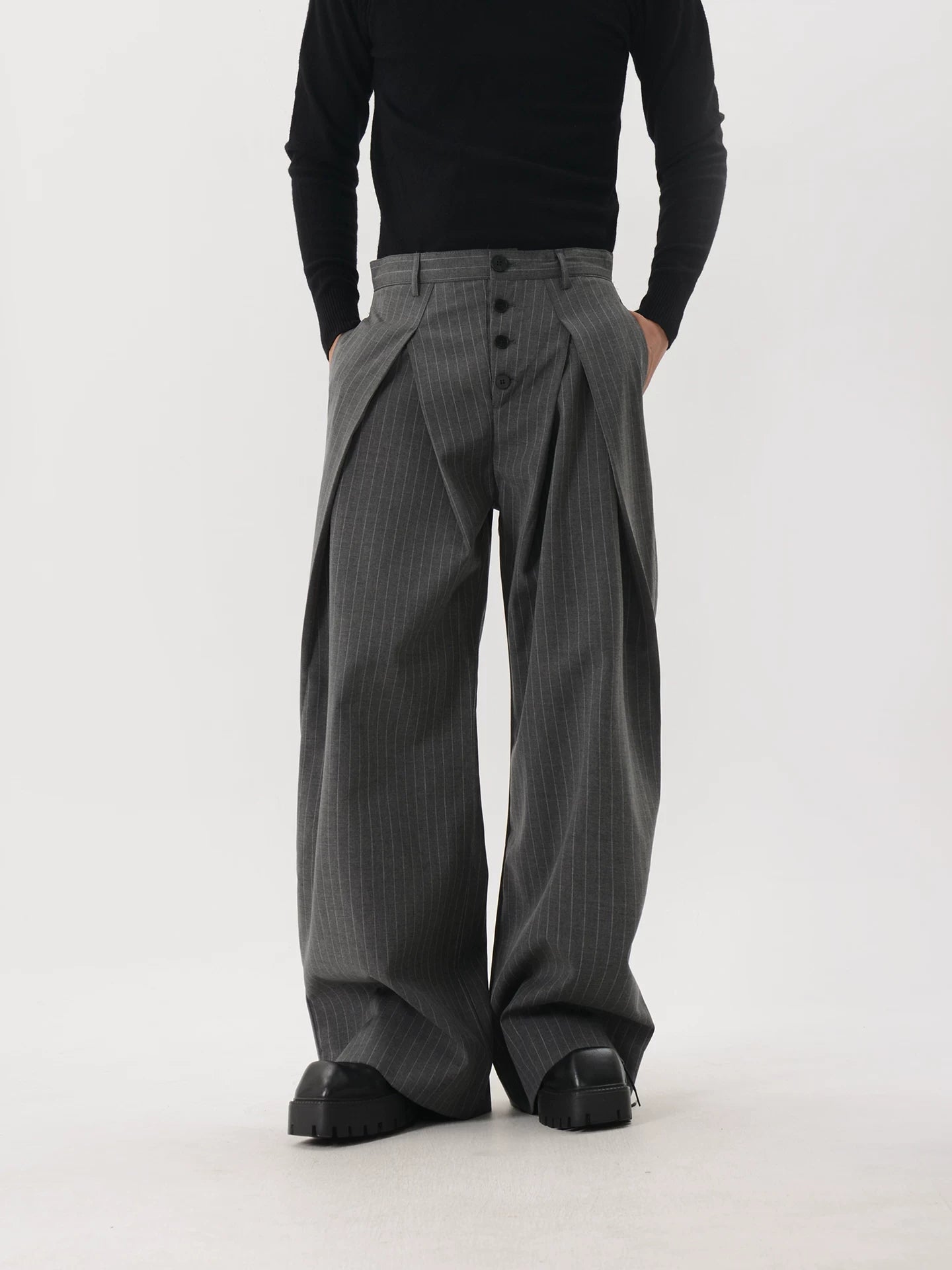 Pinstripe Button-Front Double-Pleated Ultra-Wide Leg Trousers