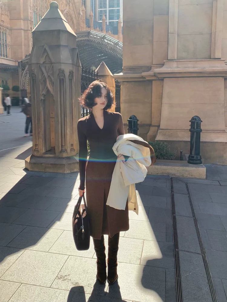 Slit Woolen Midi Pencil Skirt