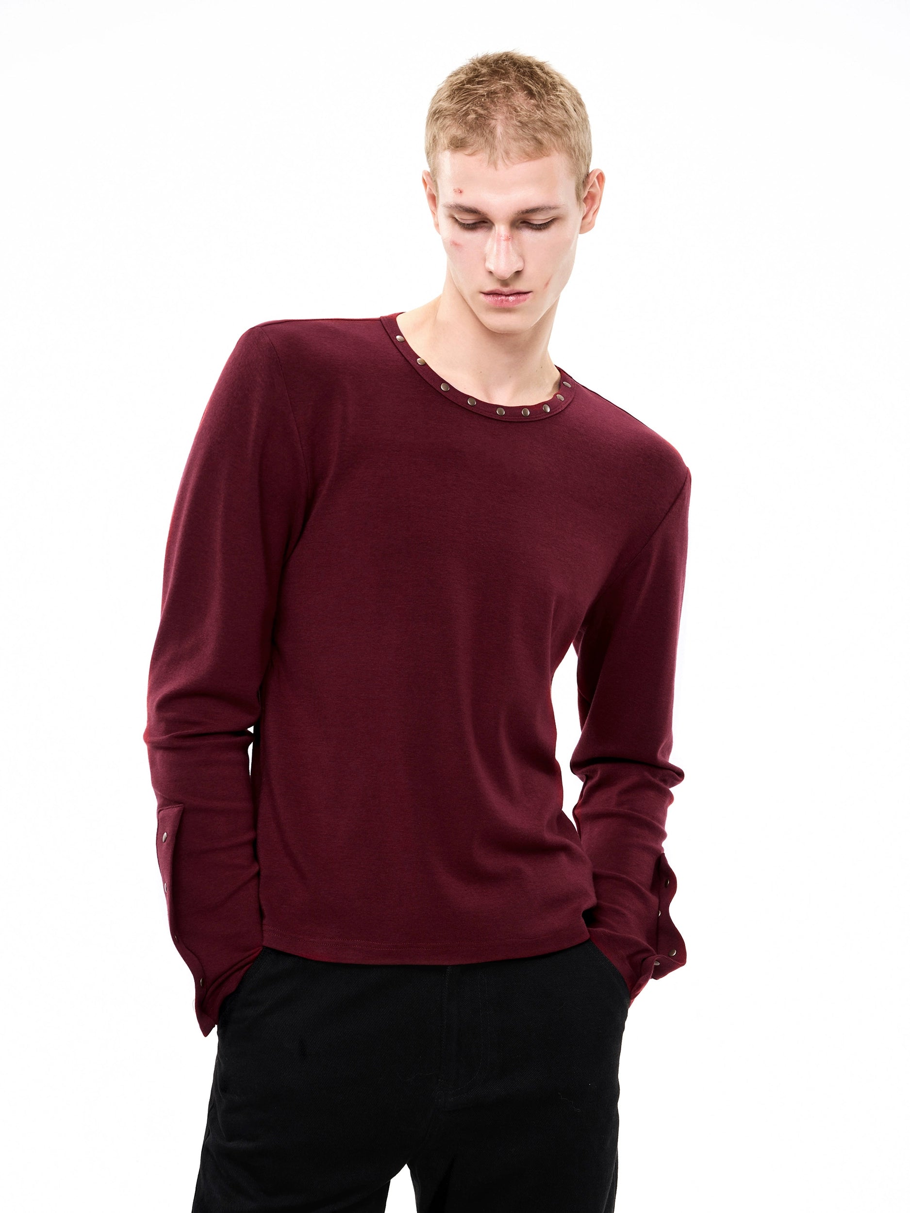 Long Sleeve Top with Studded Neckline and Cuffs