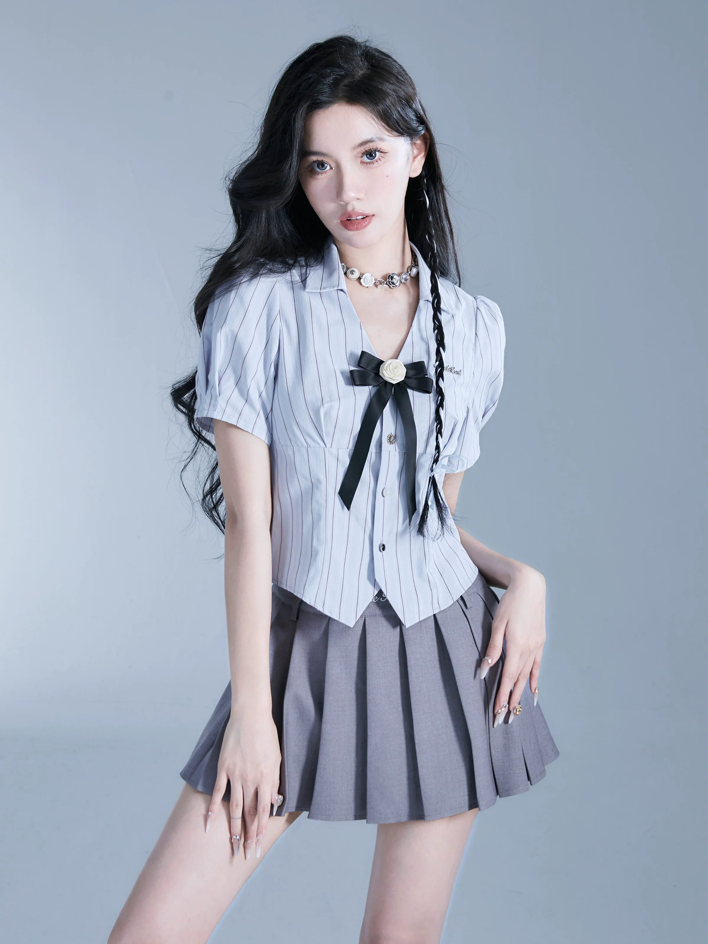 Fragile Heart Preppy Duo: Gray Pleated Mini Skirt and Bow-Tie Cropped Blouse Set