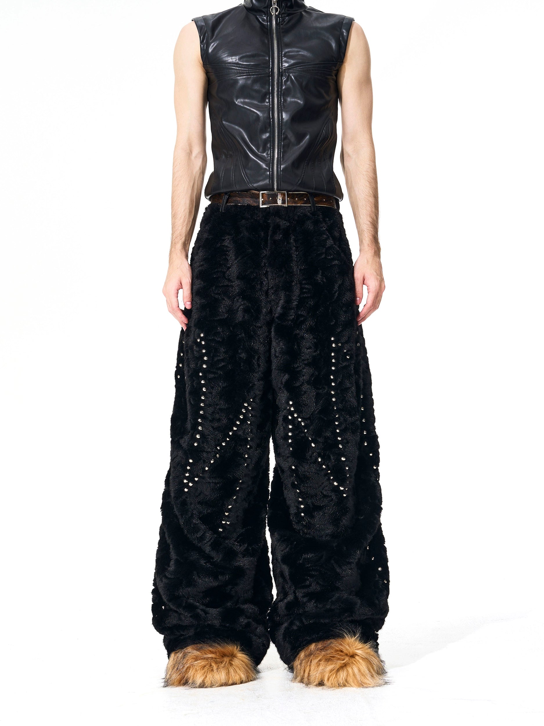 Black Faux Fur Coat and Wide Leg Pants