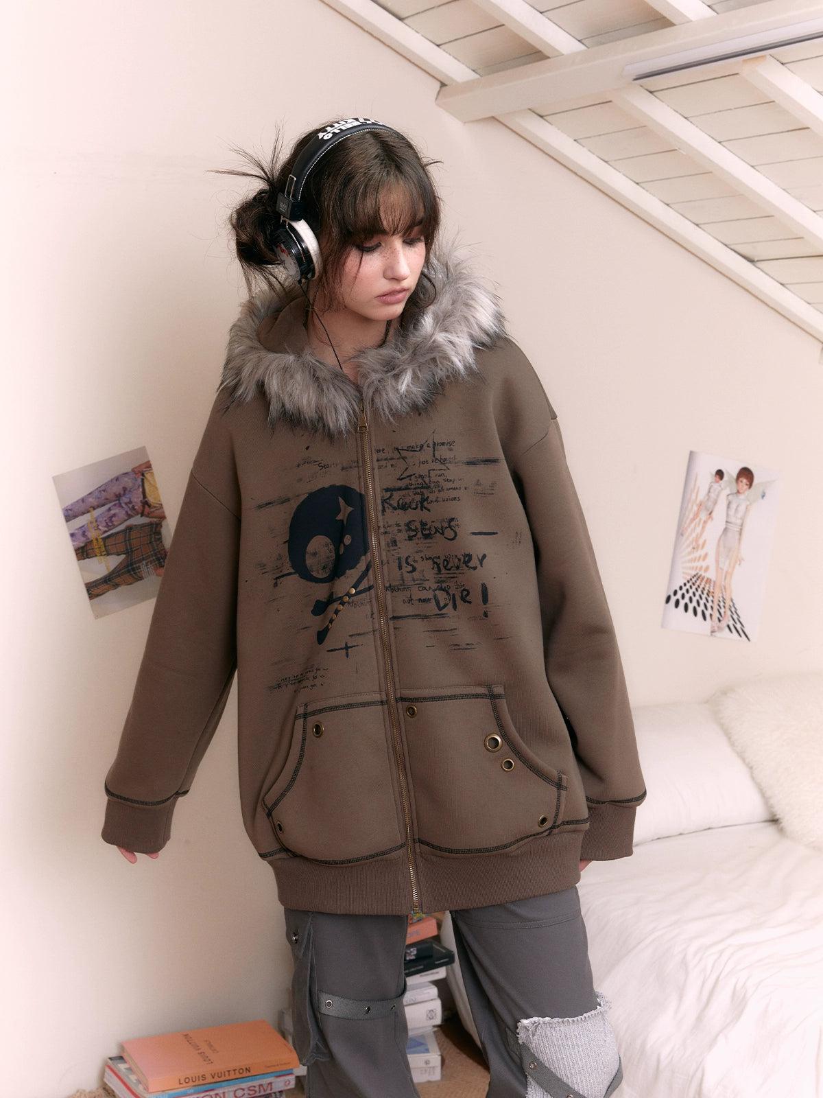 Strike A Pose Women'S Graphic Print Hoodie - Faux Fur Lined Zip-Up Sweatshirt With Skull Design And Graffiti Text In Taupe