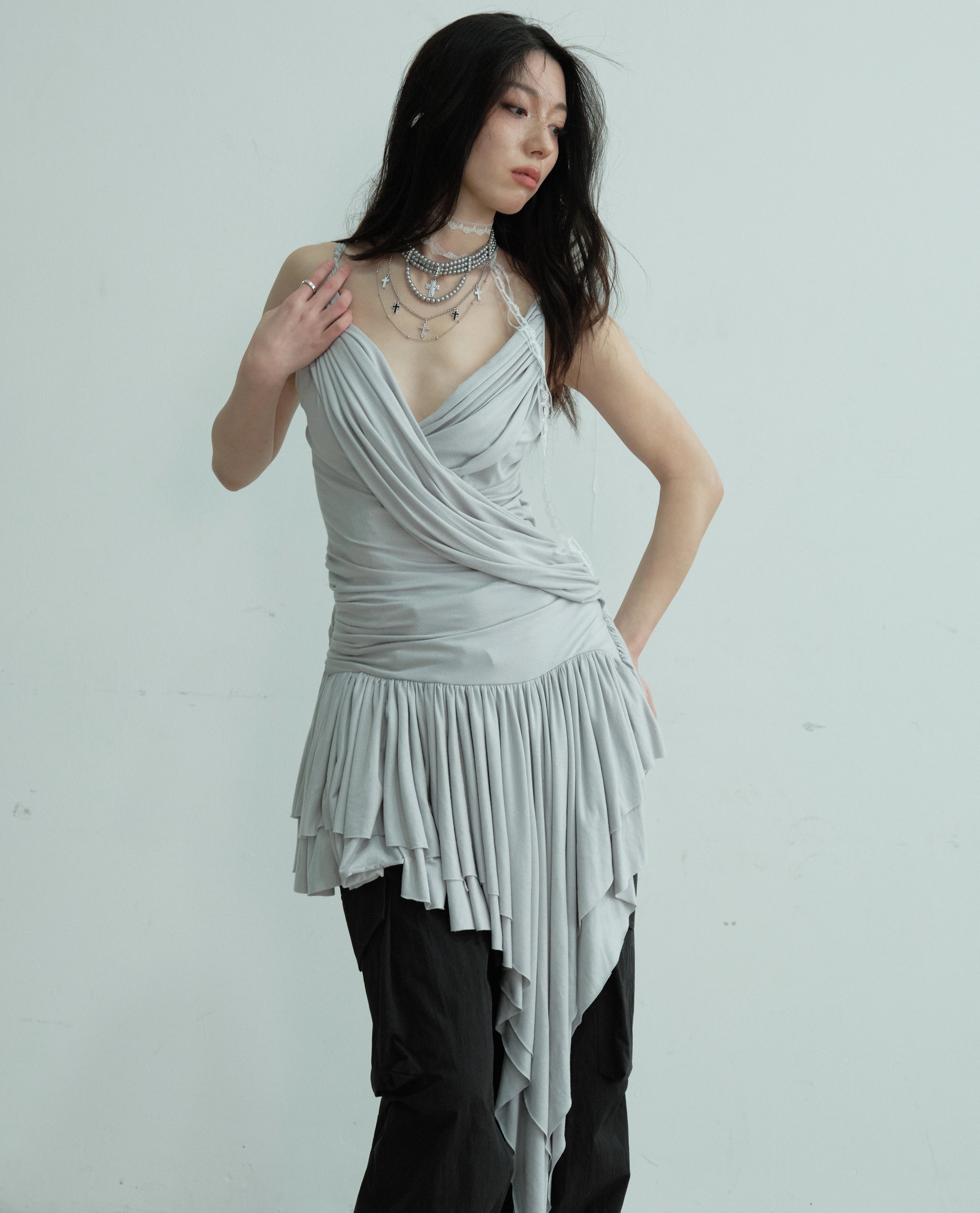 Draped Asymmetric Fringe Metallic Mini Dress
