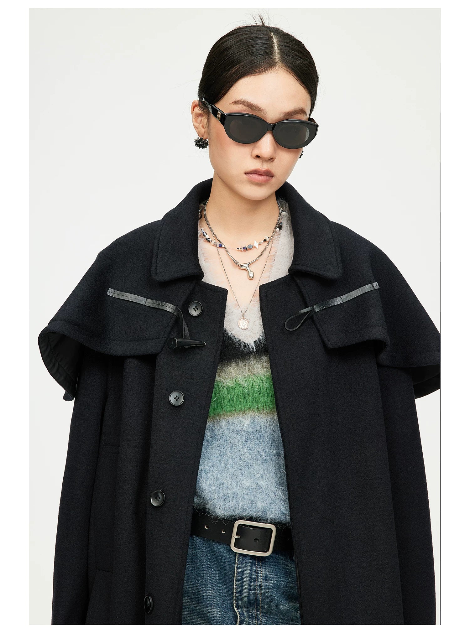 Black Cape-Detail Long Coat