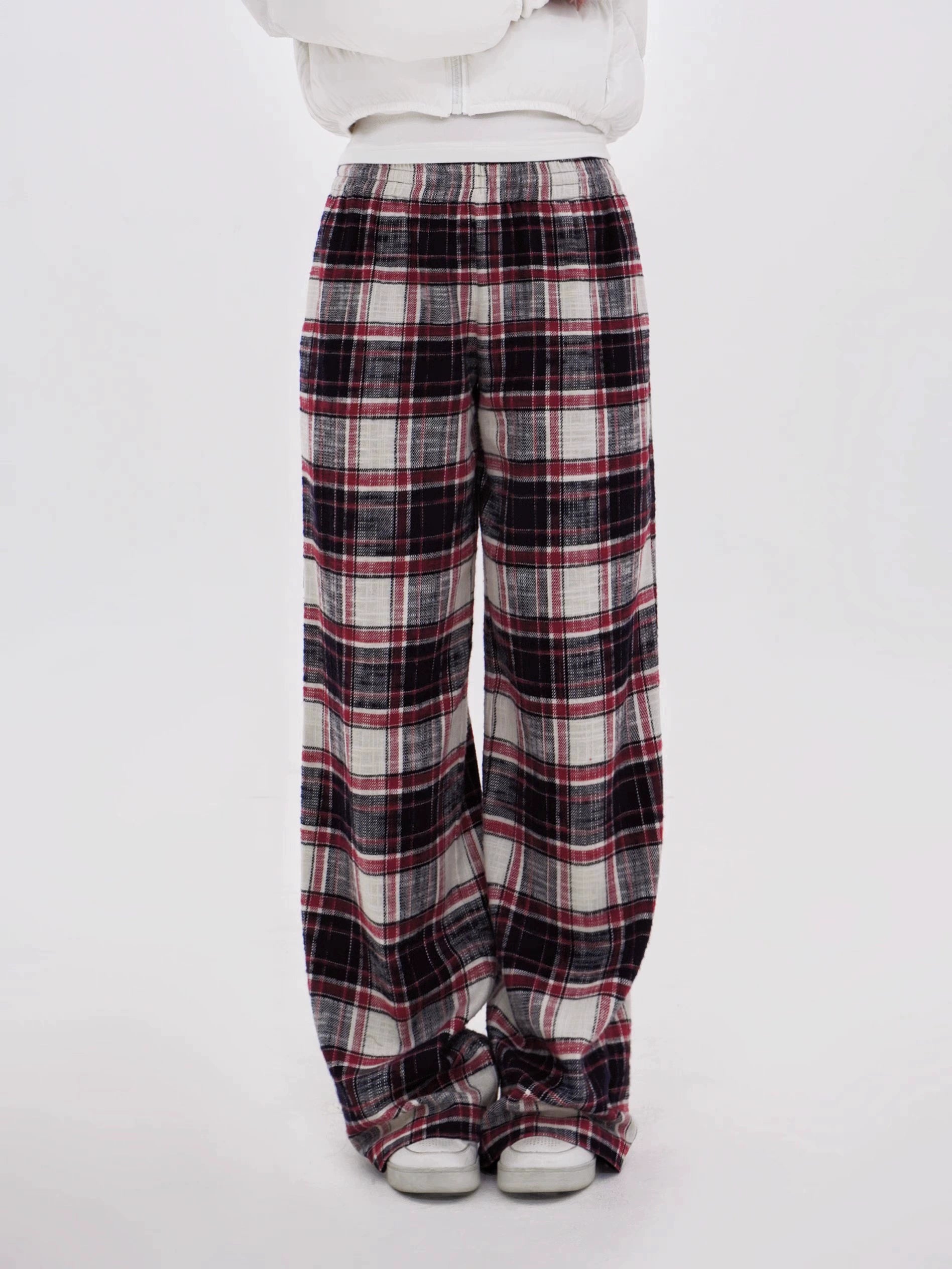 Red Plaid Wide-Leg Floor-Length Pants